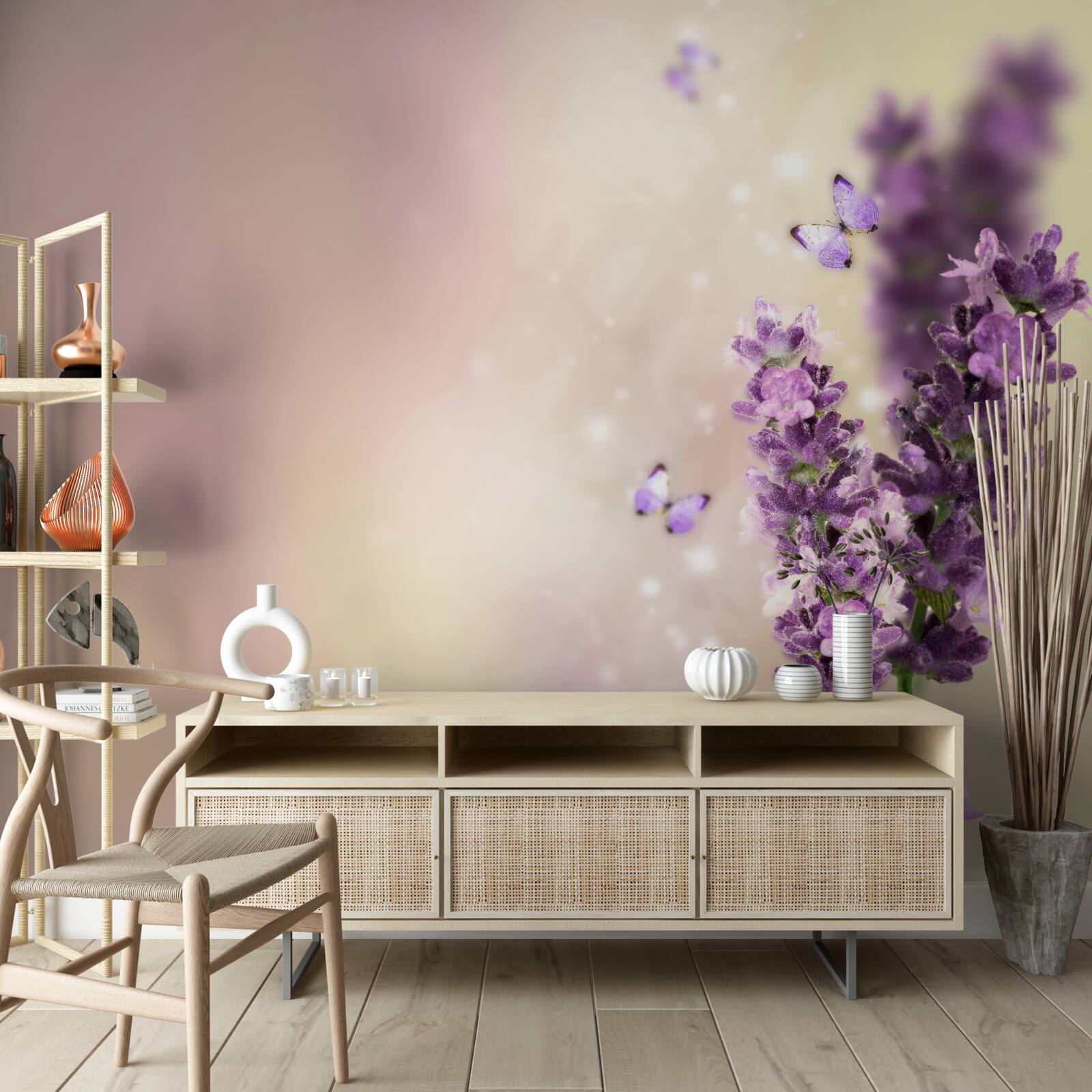 Fotobehang lavendel omringd door fladderende vlinders