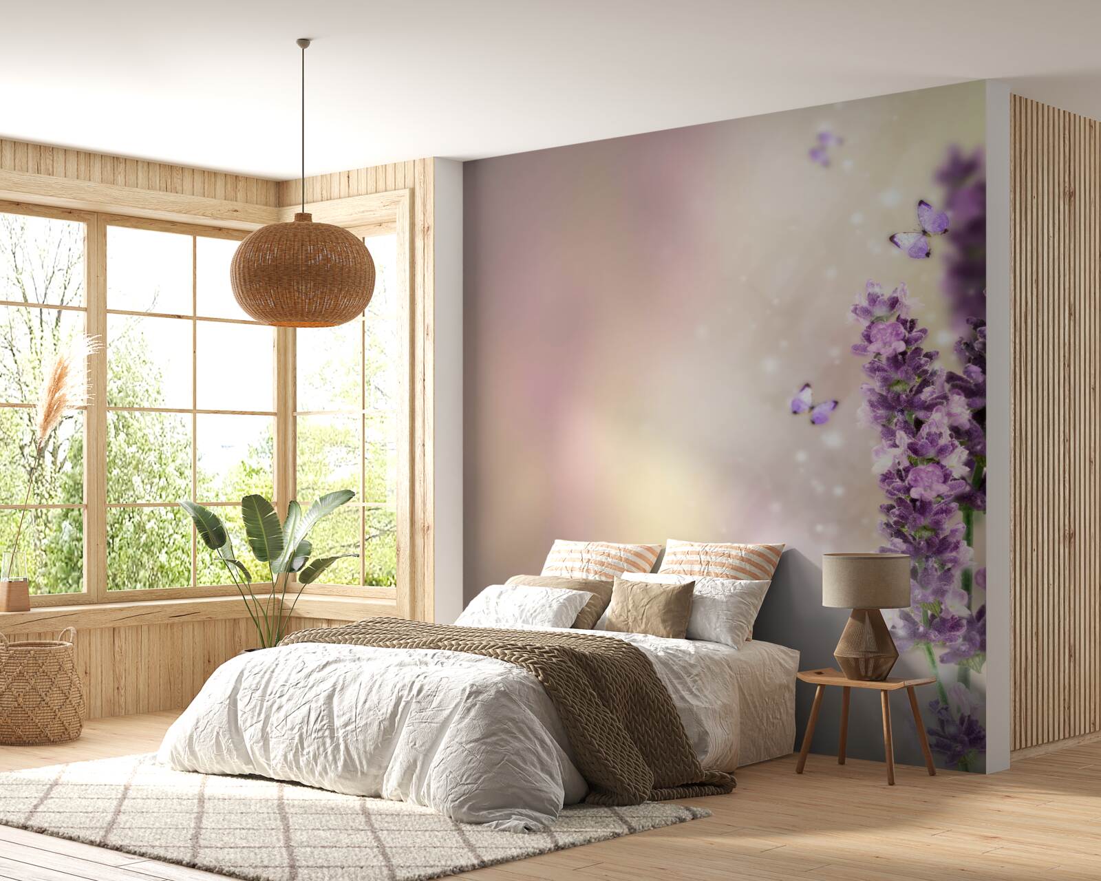 Fotobehang lavendel omringd door fladderende vlinders