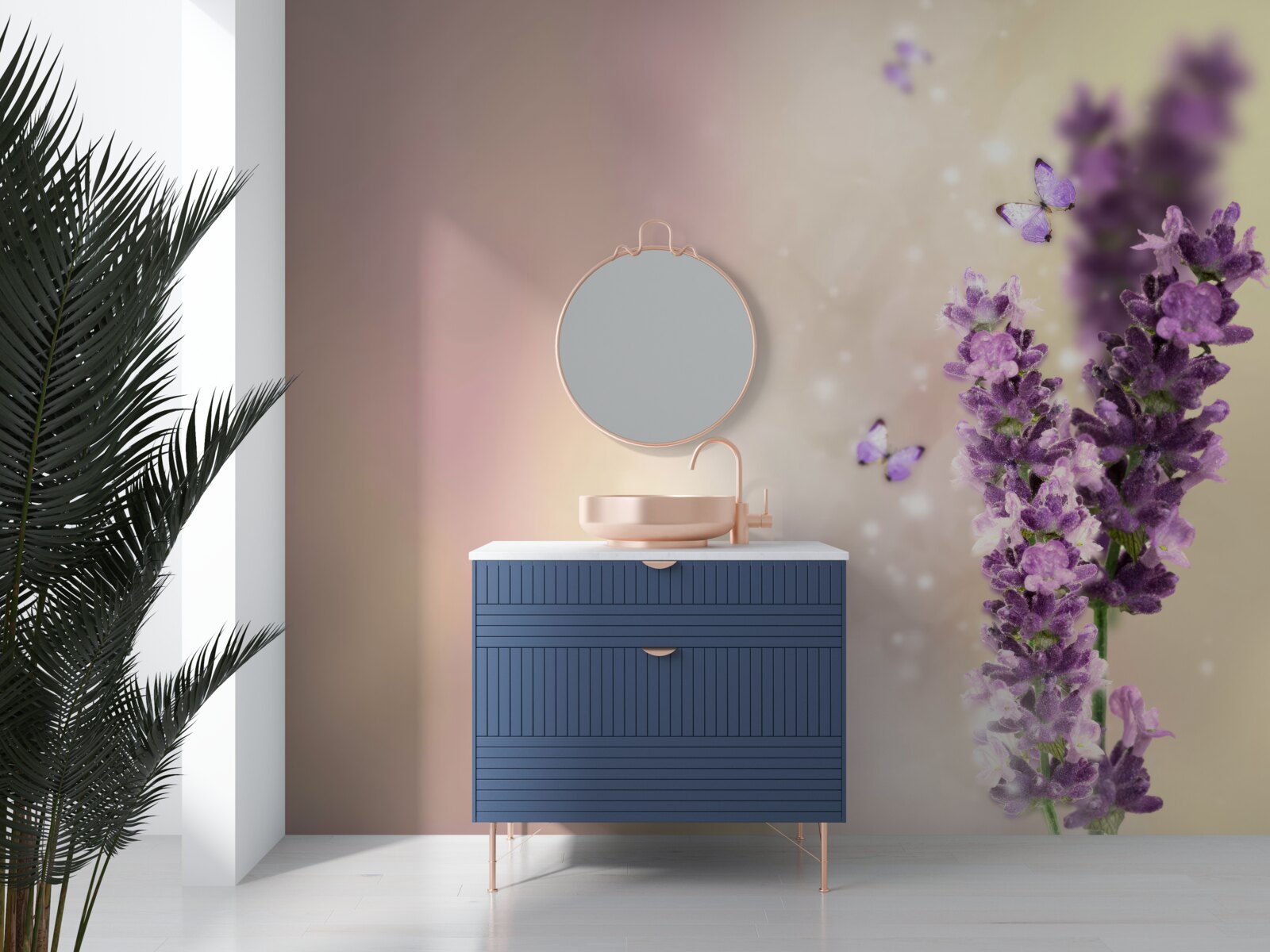 Fotobehang lavendel omringd door fladderende vlinders