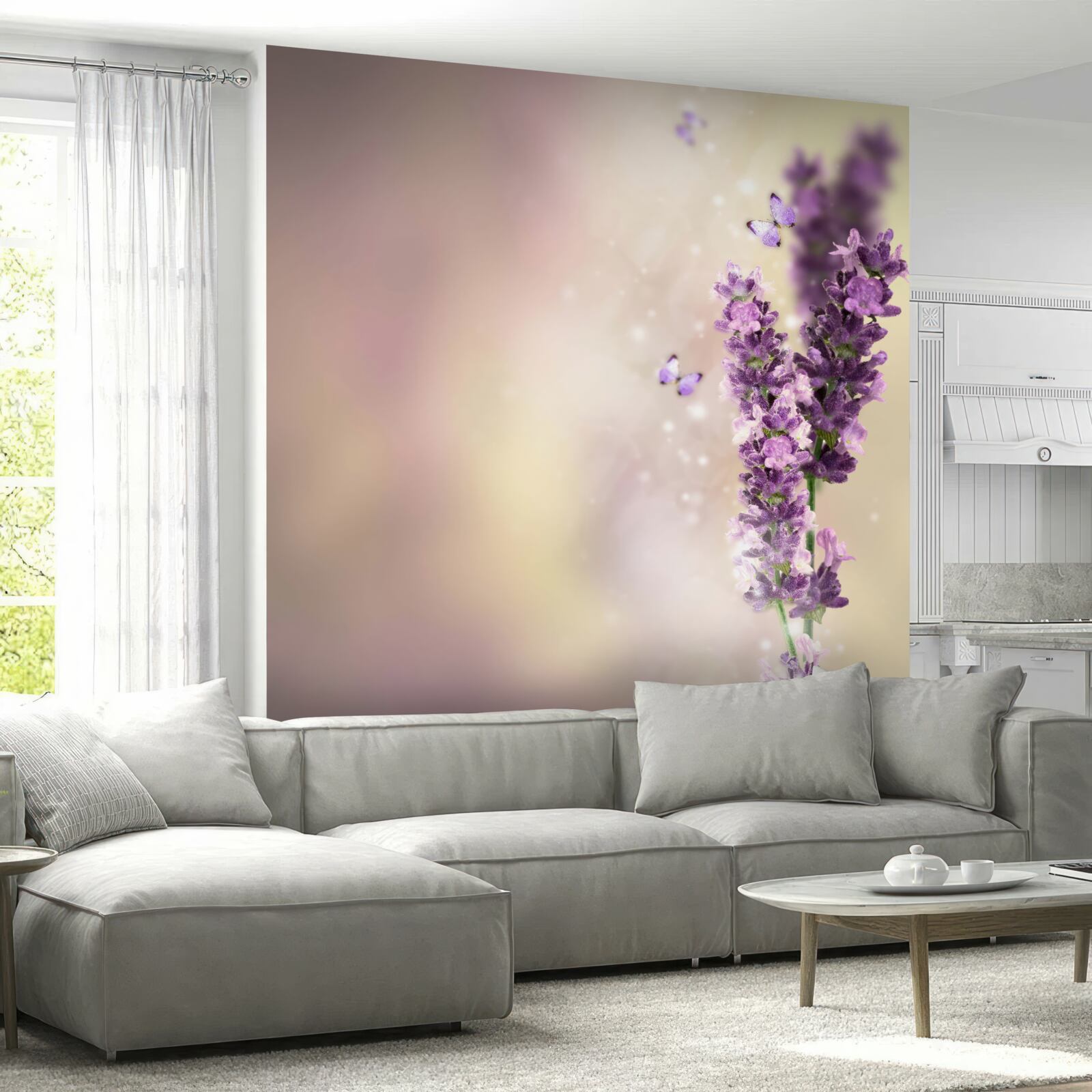 Fotobehang lavendel omringd door fladderende vlinders