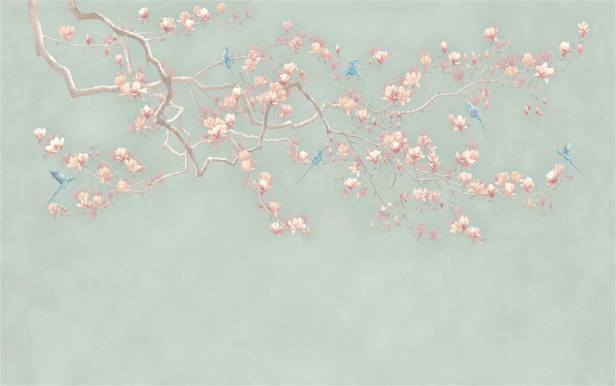 Fotobehang tak met bloeiende bloemen en bosbessen