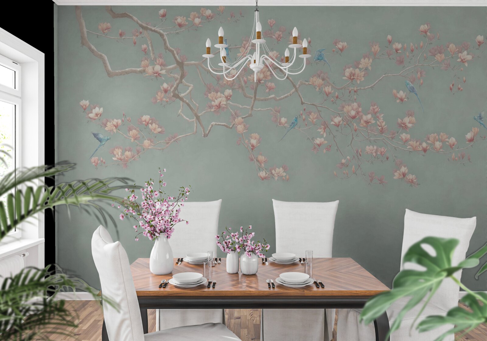 Fotobehang tak met bloeiende bloemen en bosbessen