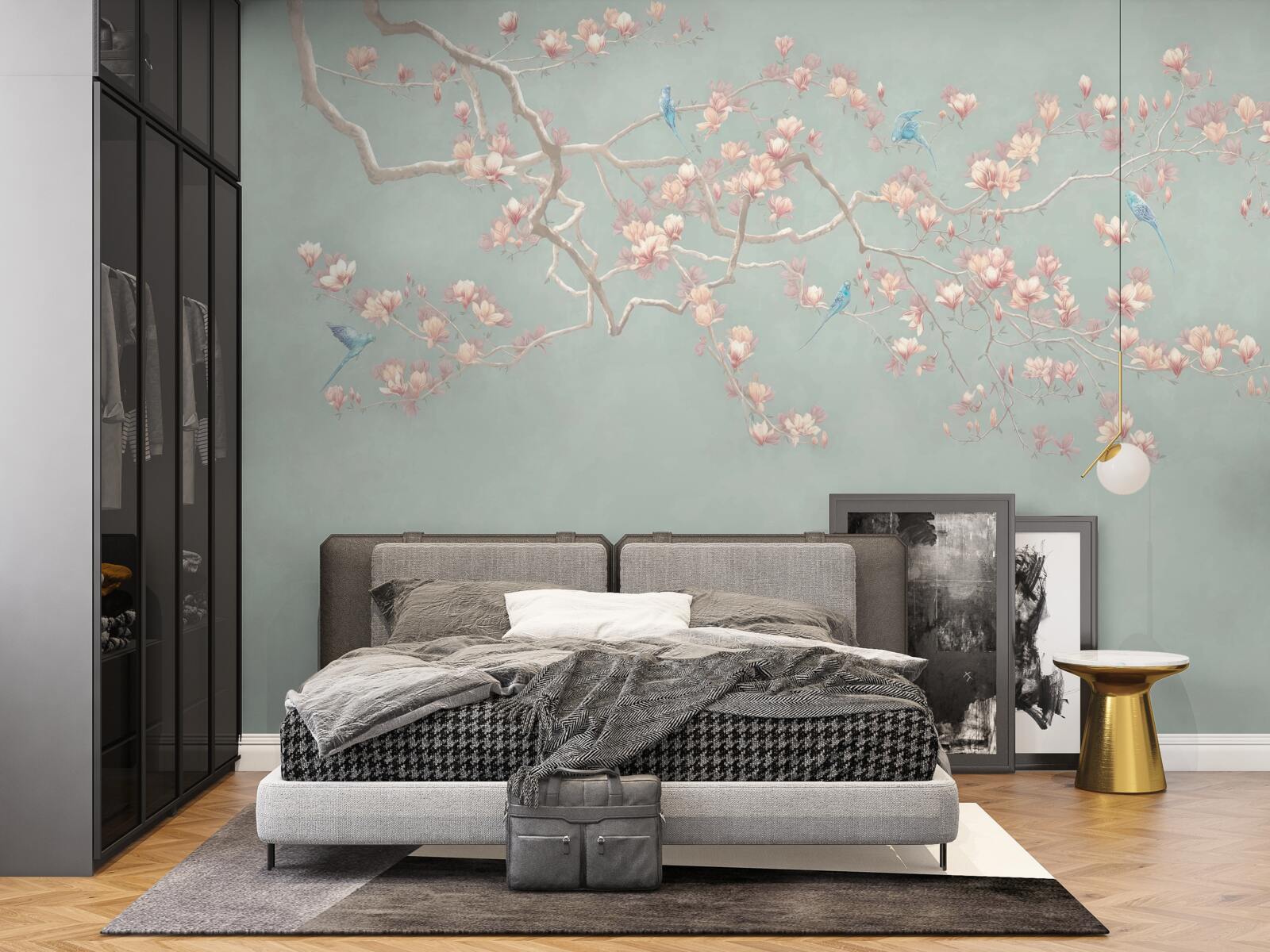 Fotobehang tak met bloeiende bloemen en bosbessen