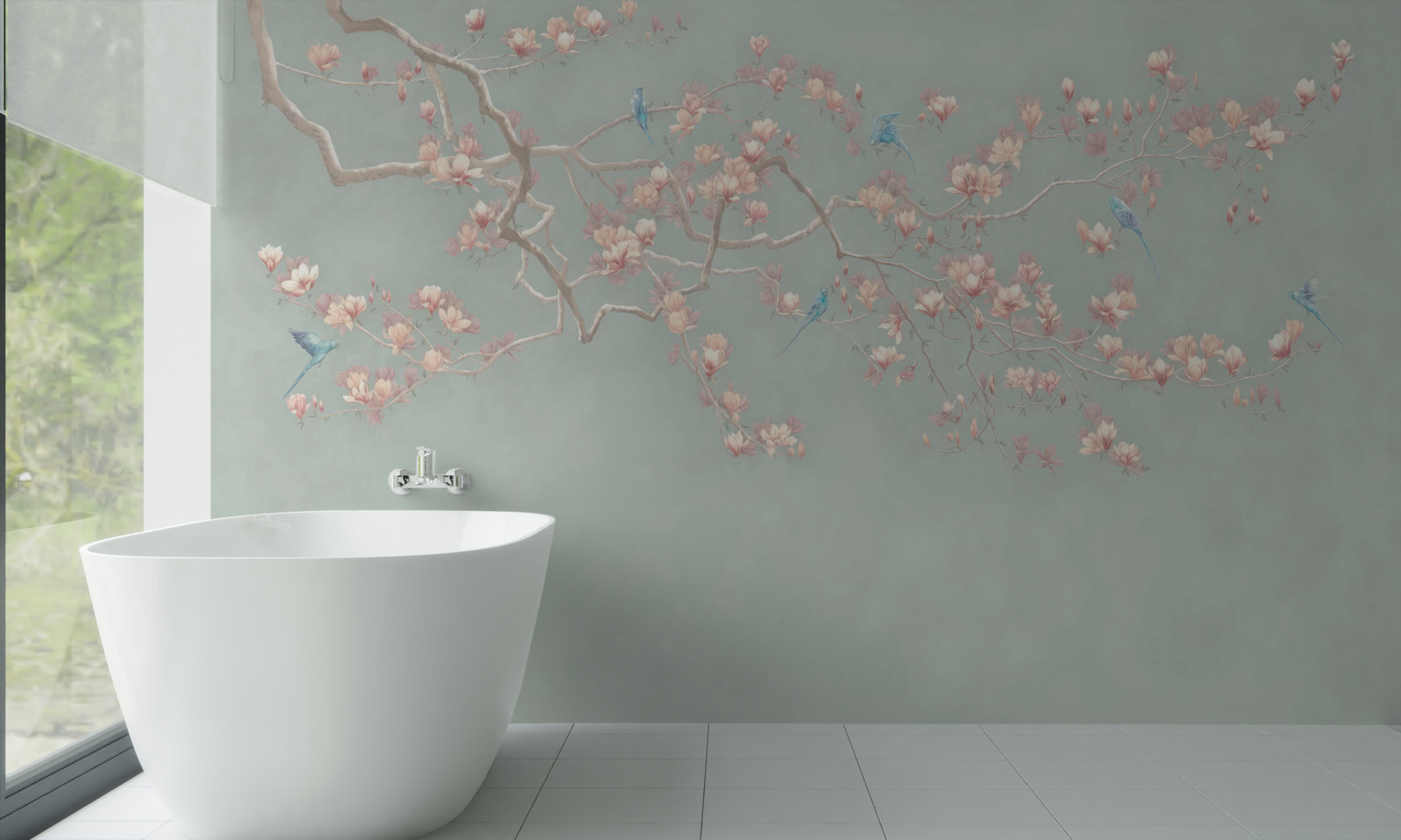 Fotobehang tak met bloeiende bloemen en bosbessen