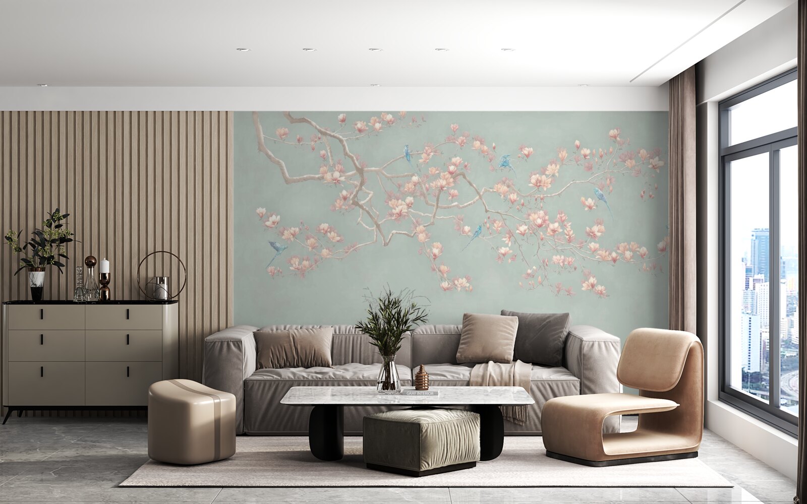 Fotobehang tak met bloeiende bloemen en bosbessen