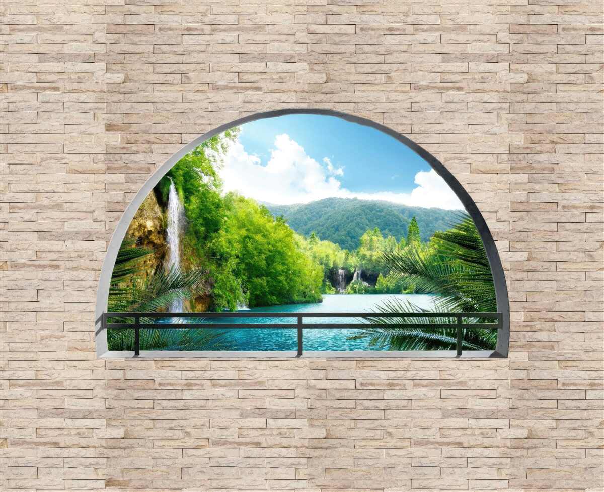 Fotobehang een gat in de muur met een schilderachtig uitzicht op de natuur