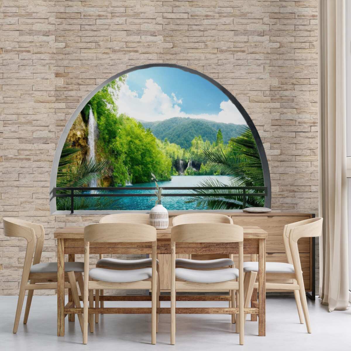 Fotobehang een gat in de muur met een schilderachtig uitzicht op de natuur