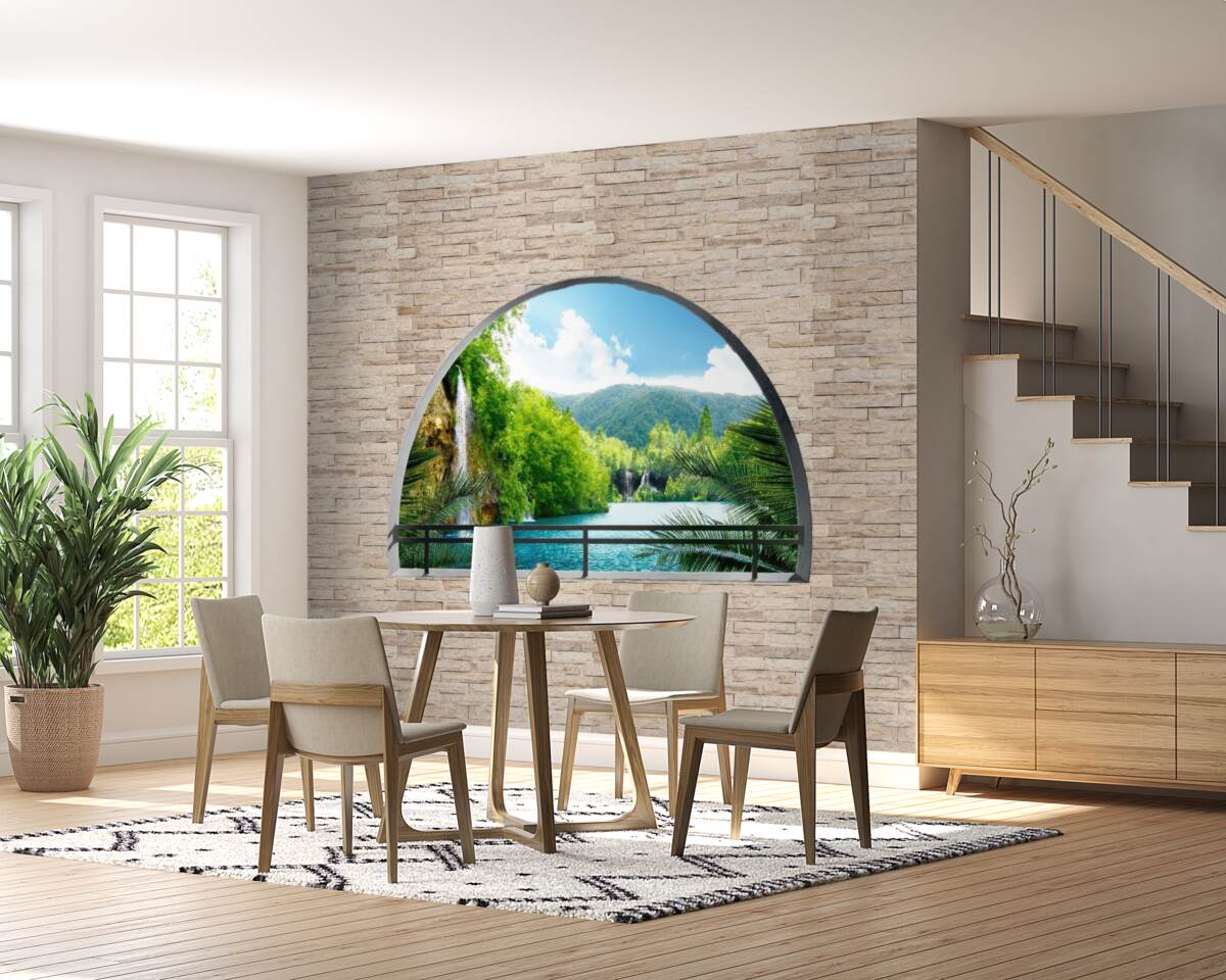 Fotobehang een gat in de muur met een schilderachtig uitzicht op de natuur