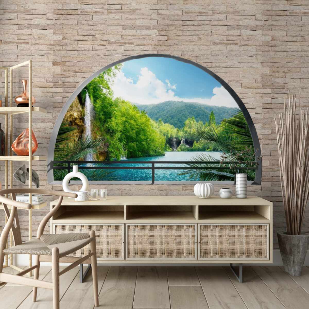 Fotobehang een gat in de muur met een schilderachtig uitzicht op de natuur