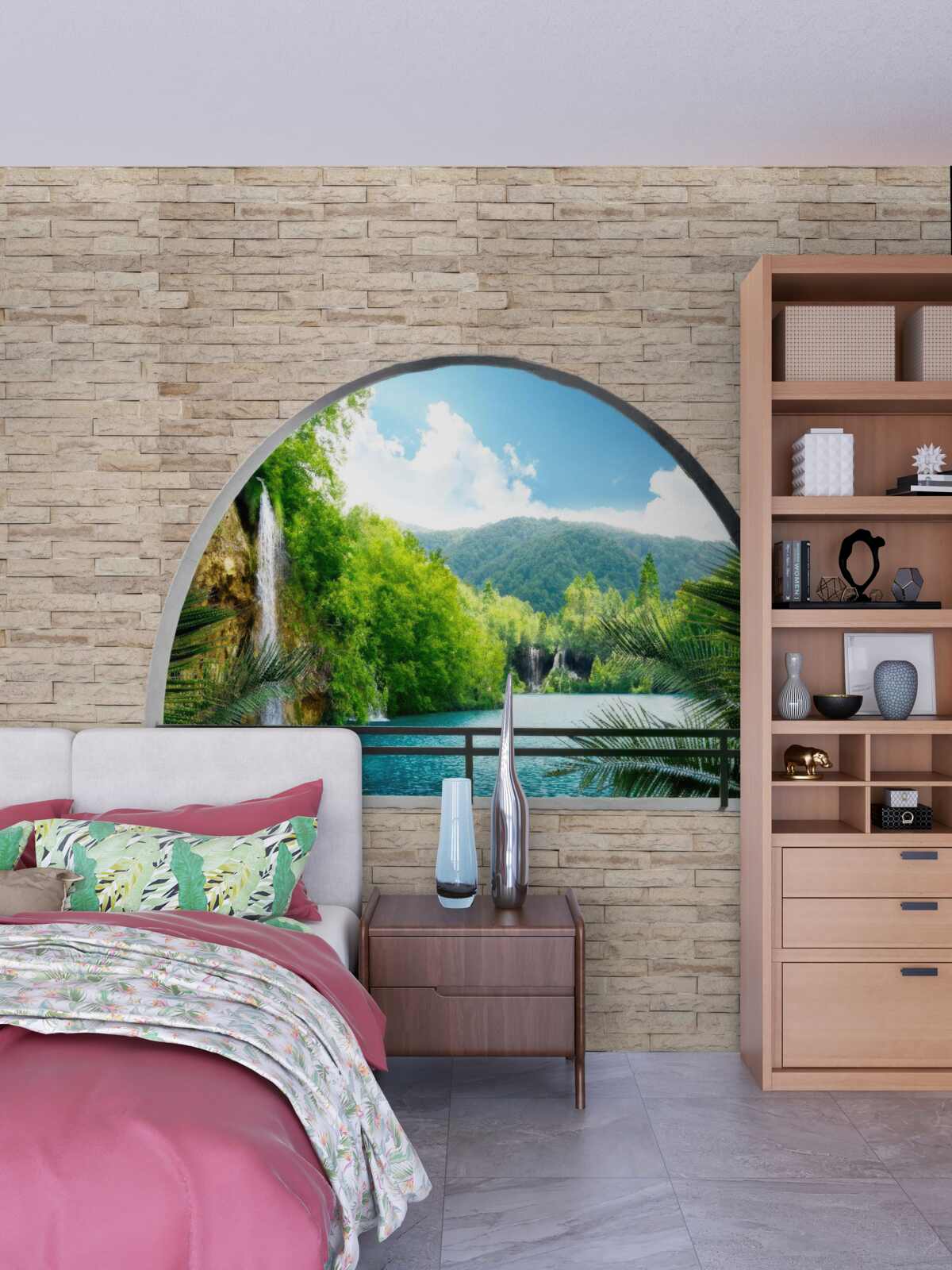 Fotobehang een gat in de muur met een schilderachtig uitzicht op de natuur