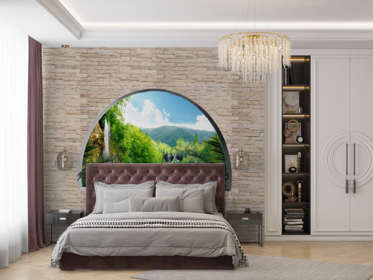 Fotobehang een gat in de muur met een schilderachtig uitzicht op de natuur