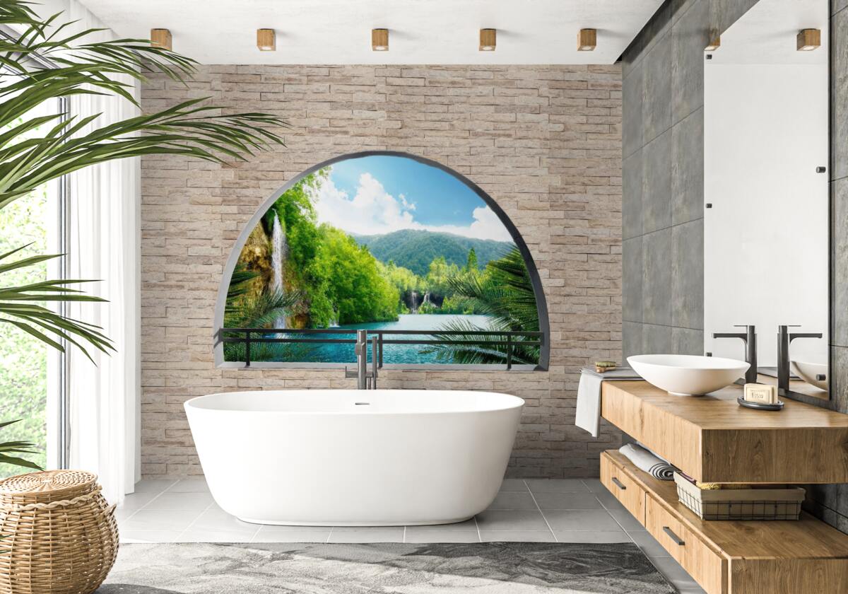 Fotobehang een gat in de muur met een schilderachtig uitzicht op de natuur