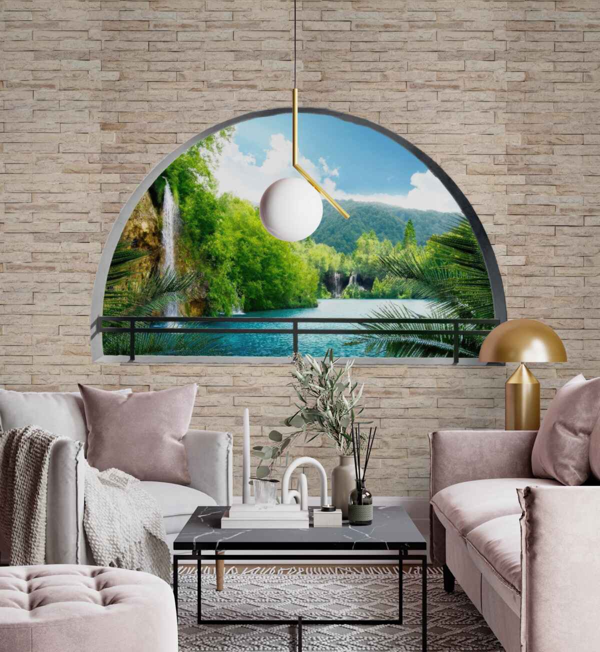 Fotobehang een gat in de muur met een schilderachtig uitzicht op de natuur