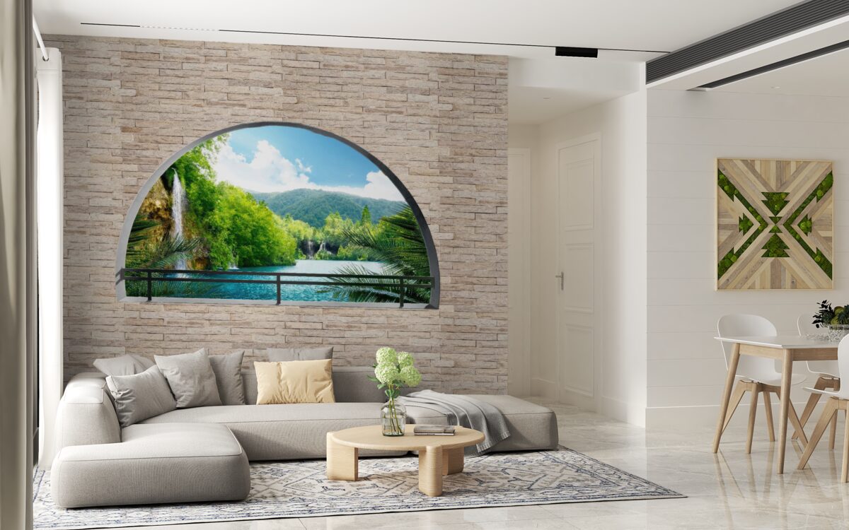 Fotobehang een gat in de muur met een schilderachtig uitzicht op de natuur