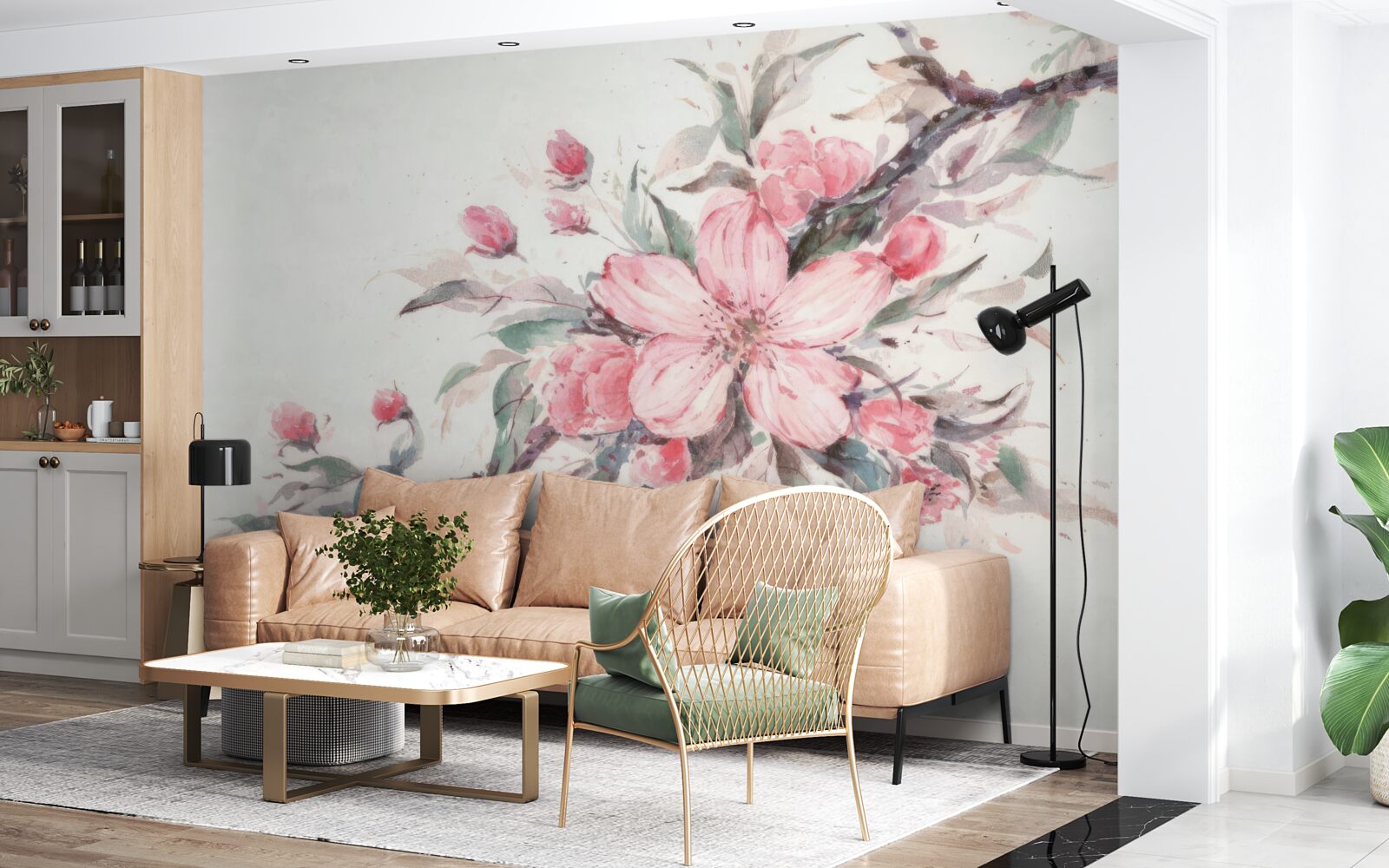 Fotobehang tak met een bloeiende roze bloem