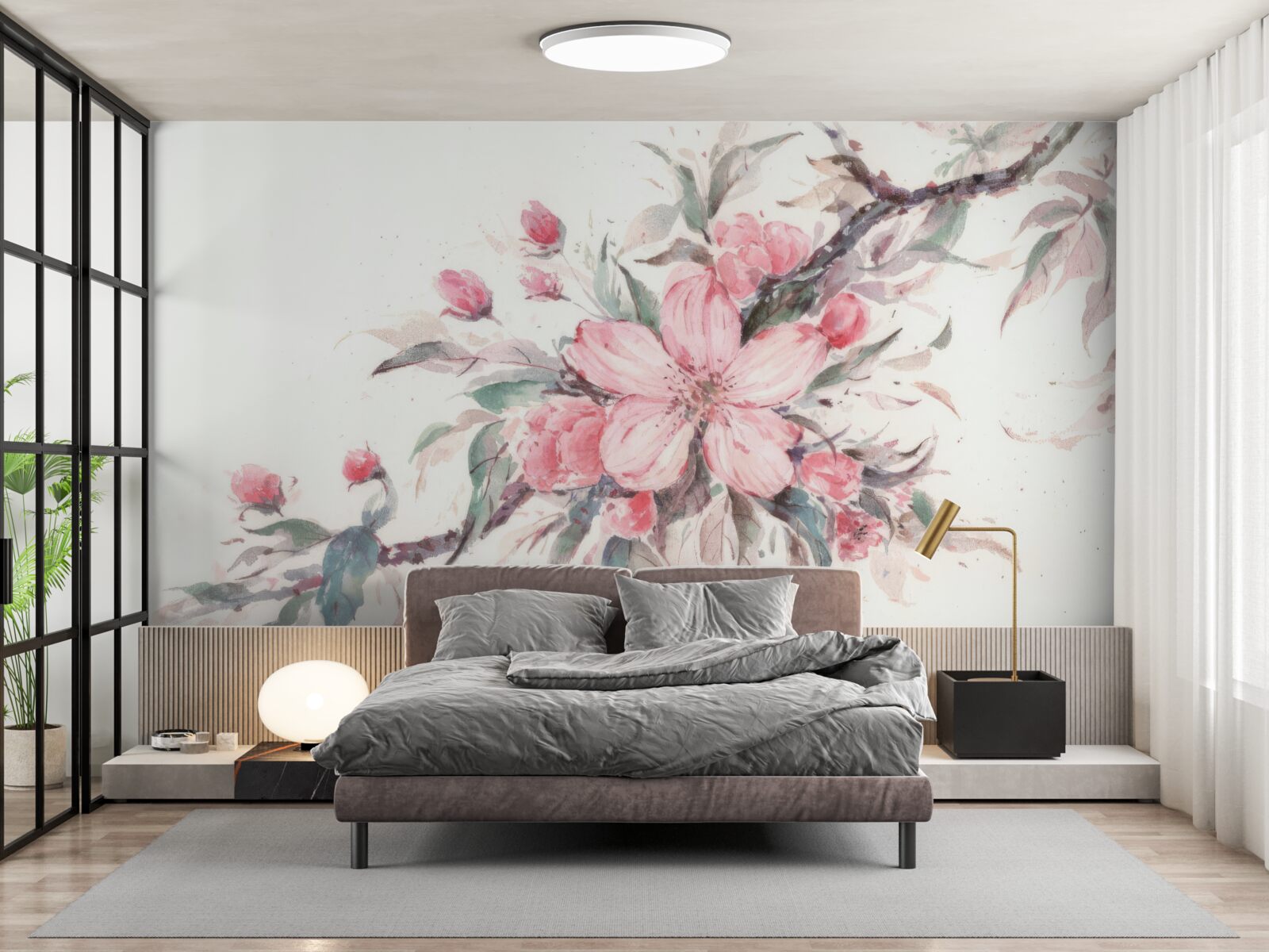 Fotobehang tak met een bloeiende roze bloem