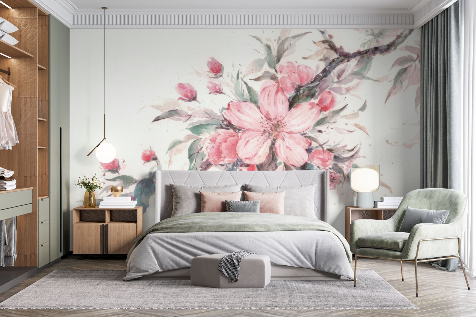 Fotobehang tak met een bloeiende roze bloem