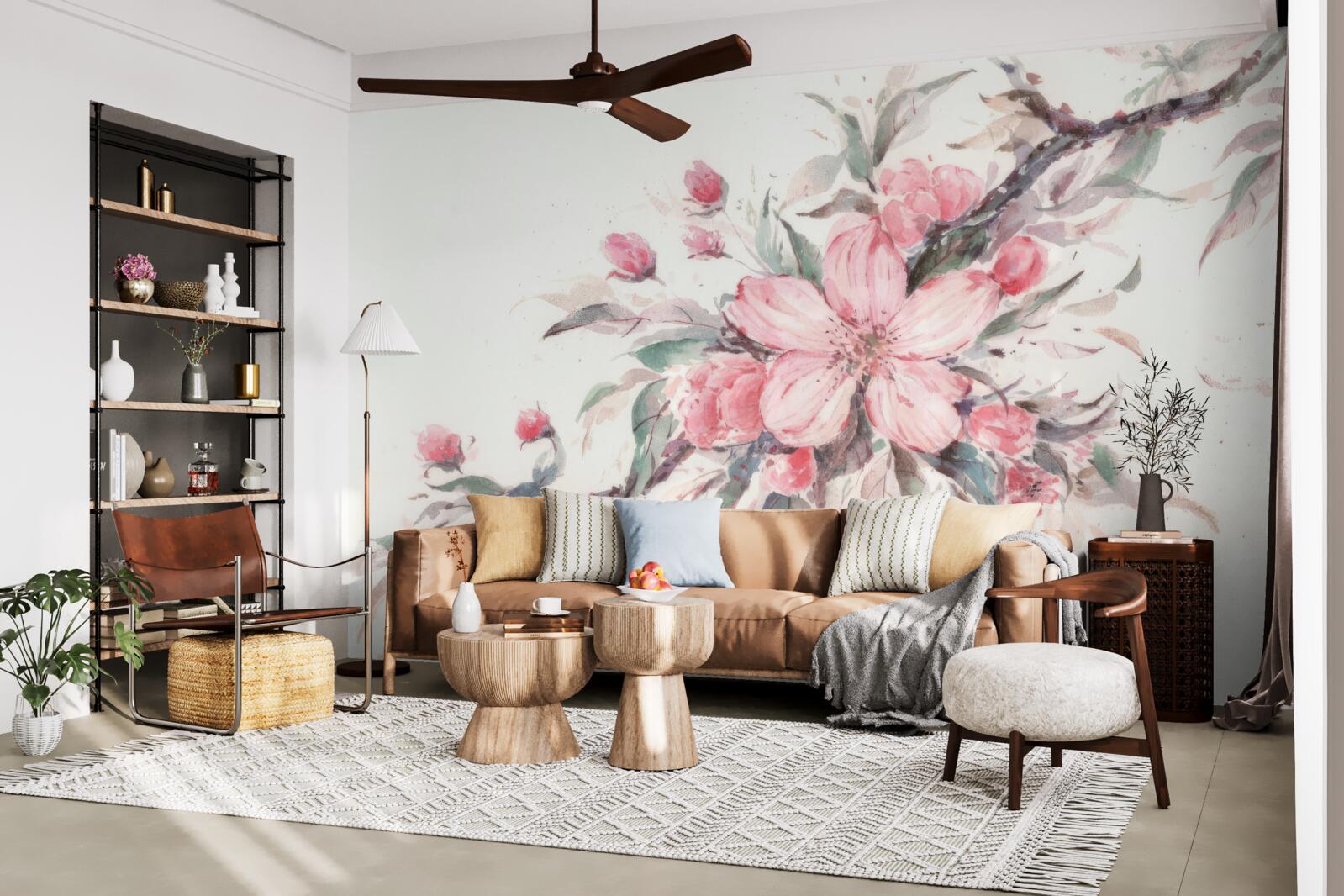 Fotobehang tak met een bloeiende roze bloem