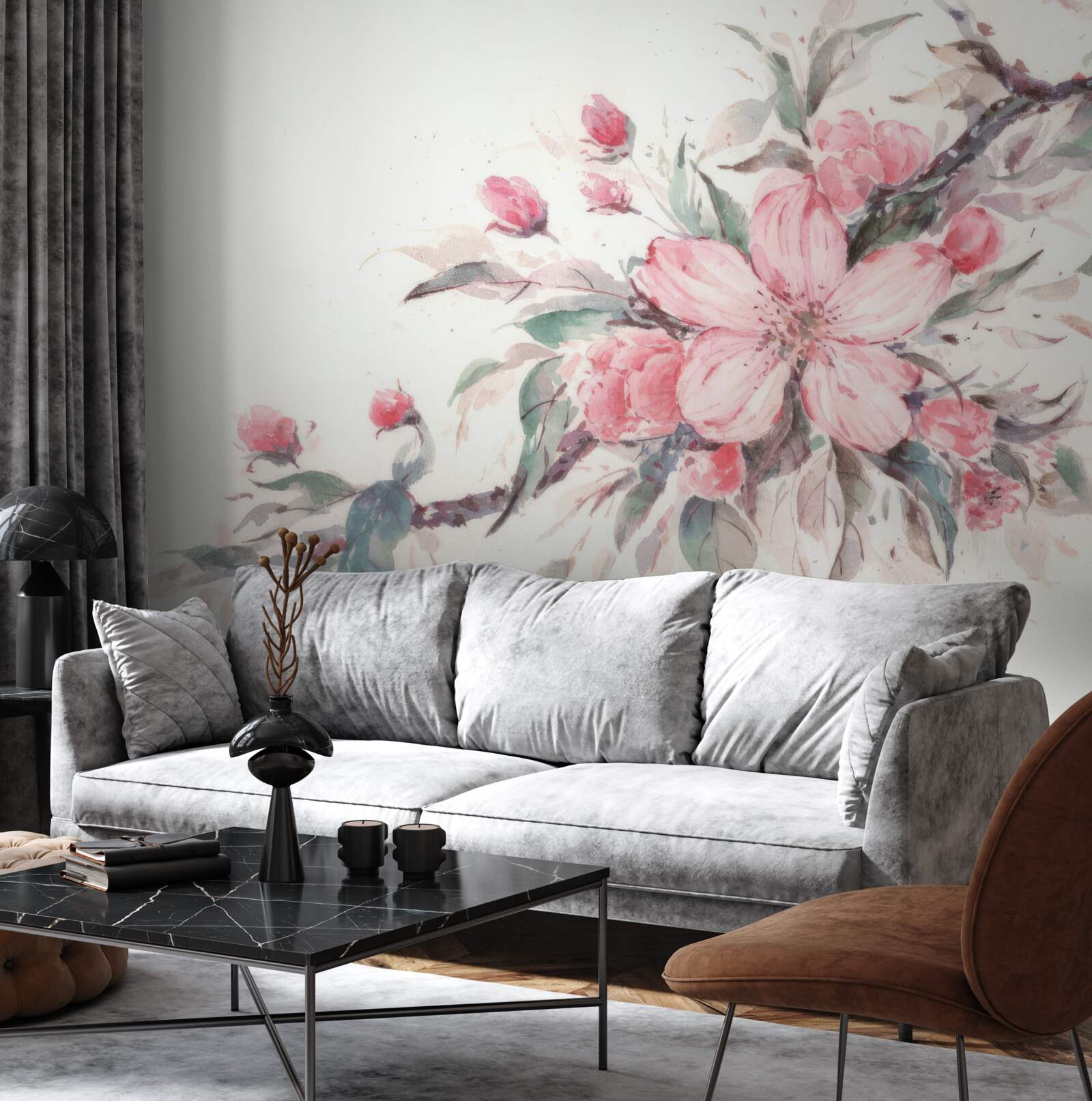 Fotobehang tak met een bloeiende roze bloem