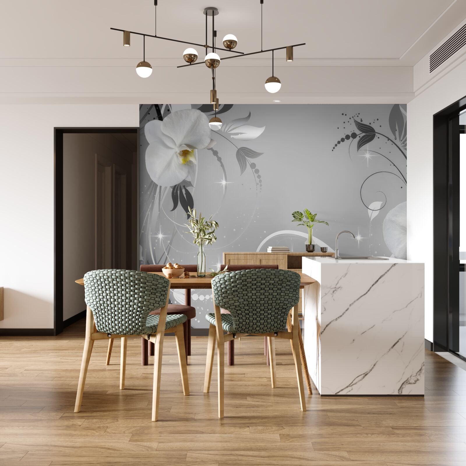 Fotobehang witte orchideeën en grijze bladeren