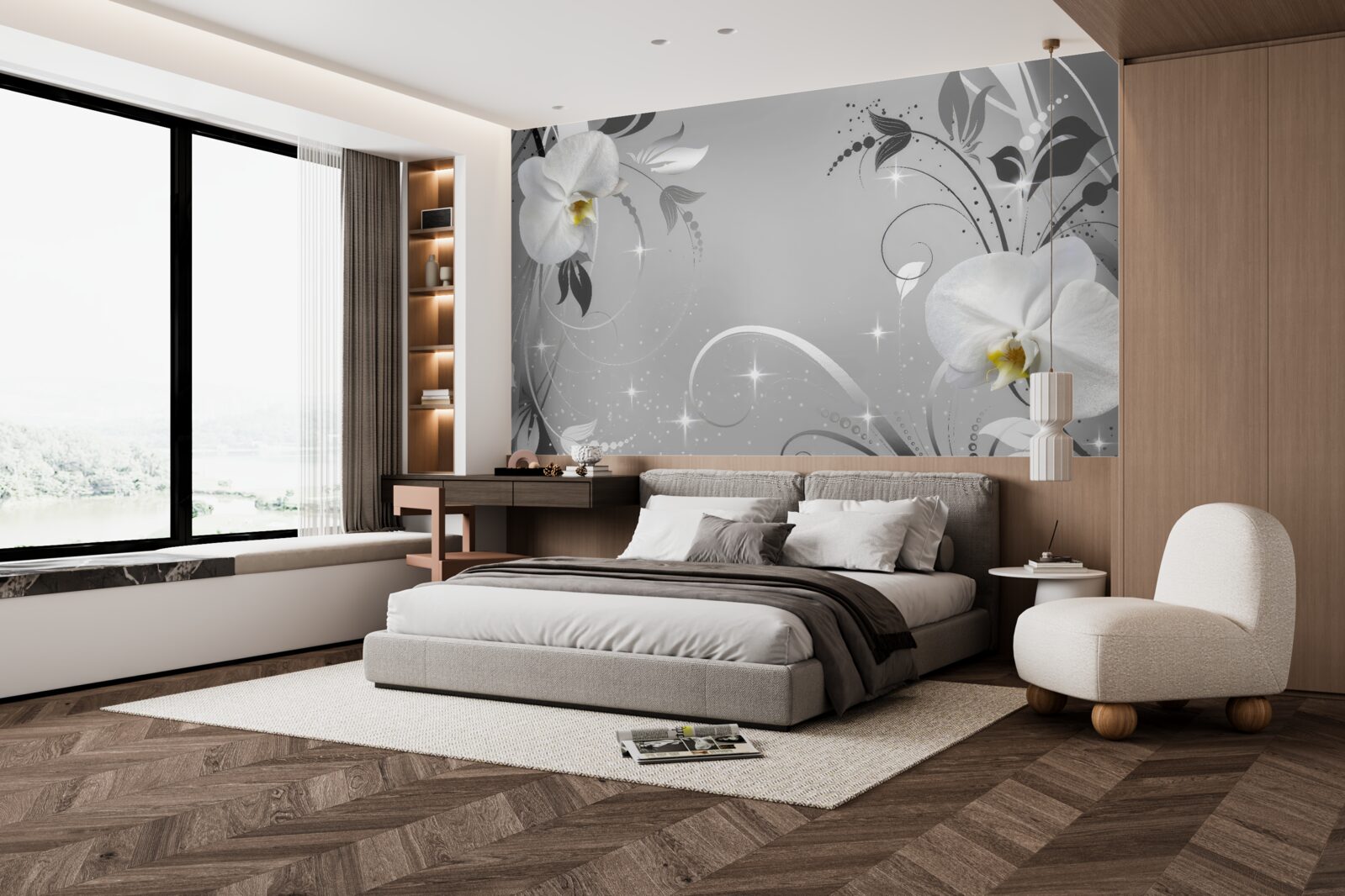 Fotobehang witte orchideeën en grijze bladeren