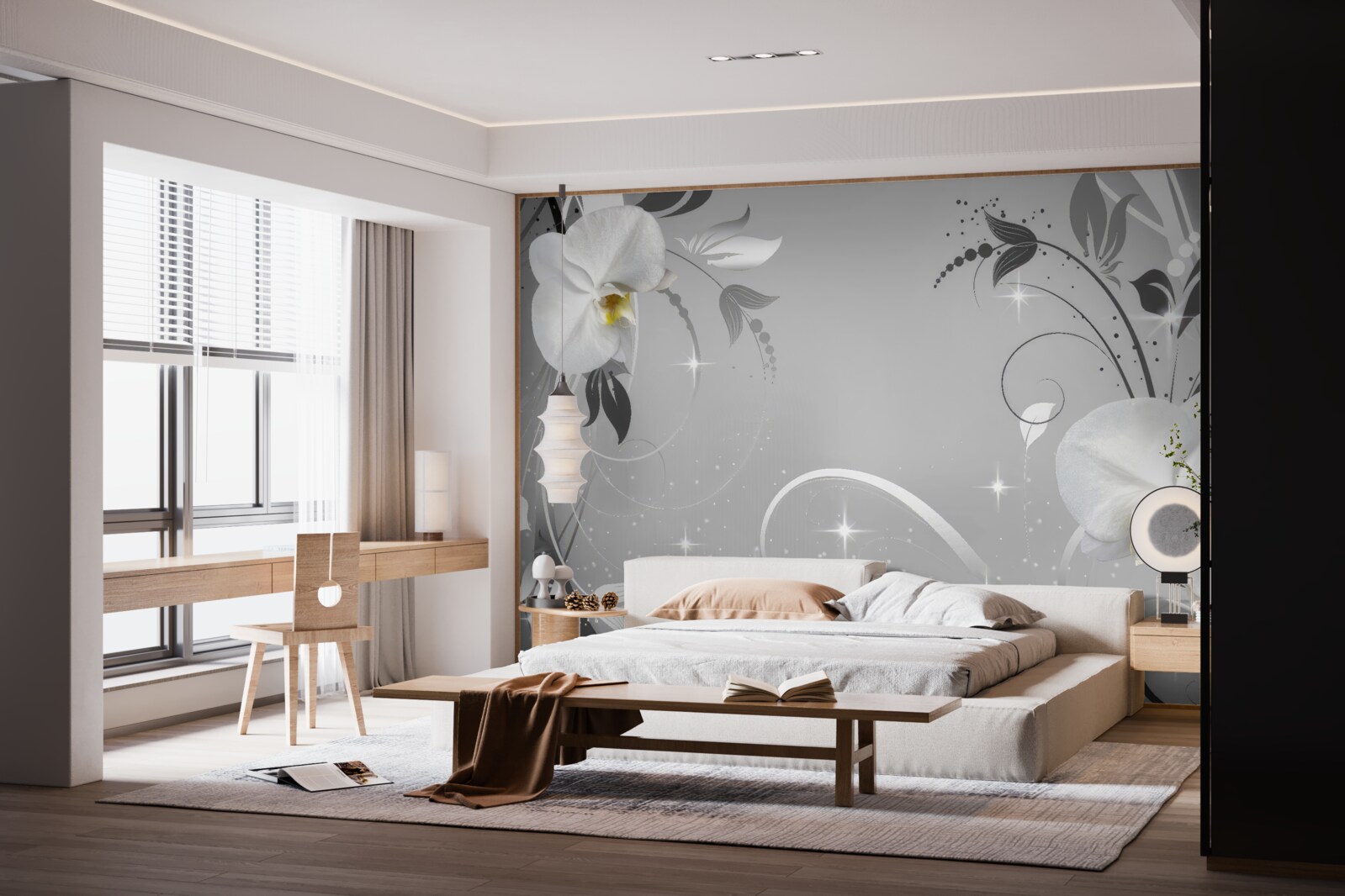 Fotobehang witte orchideeën en grijze bladeren