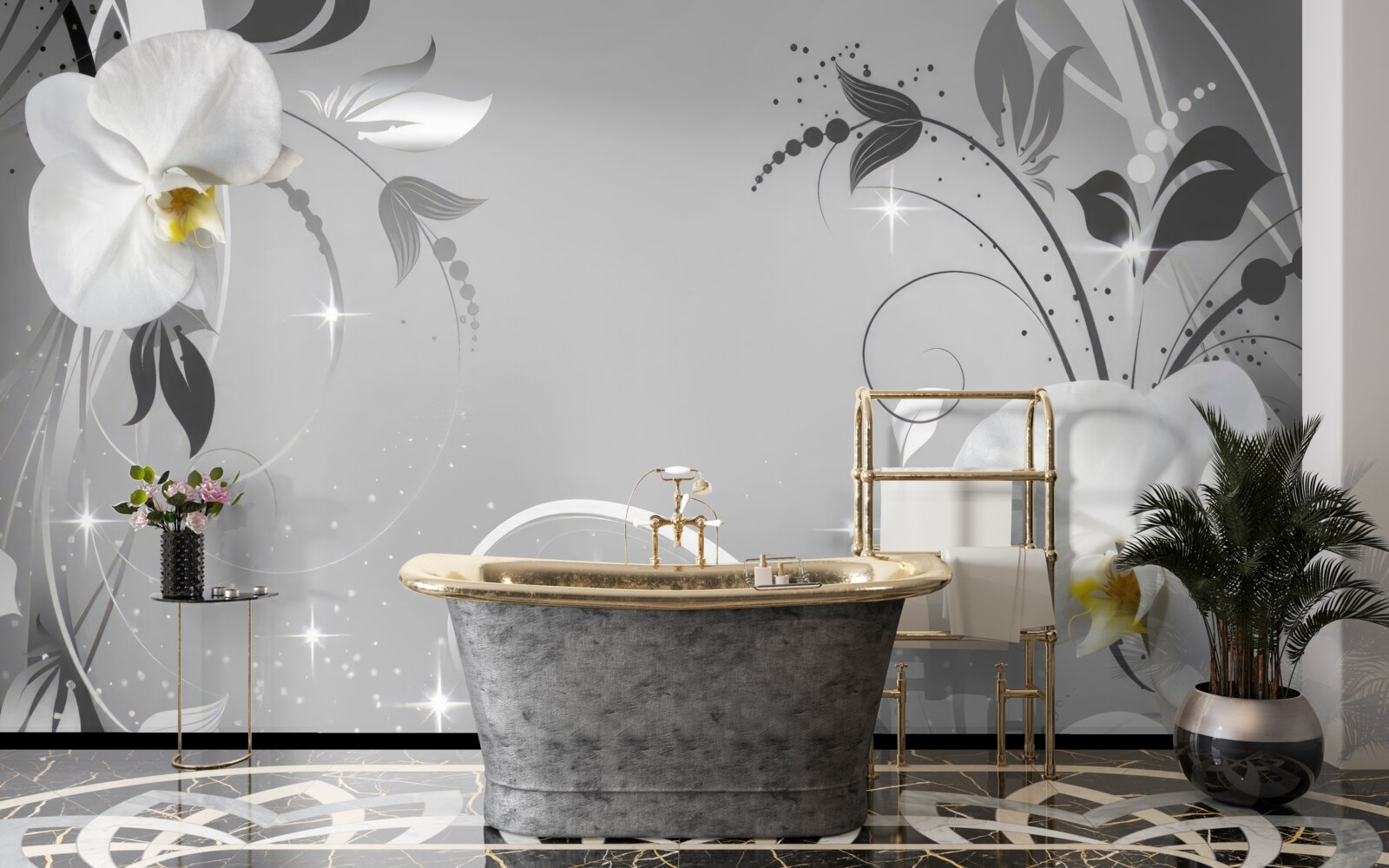 Fotobehang witte orchideeën en grijze bladeren