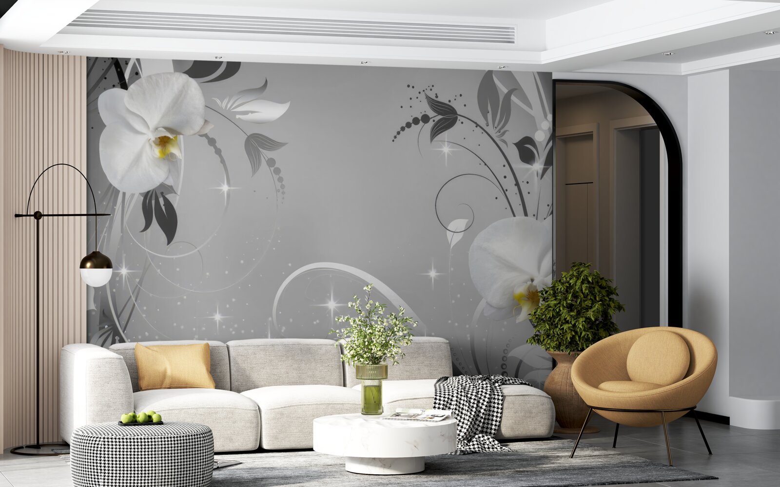 Fotobehang witte orchideeën en grijze bladeren