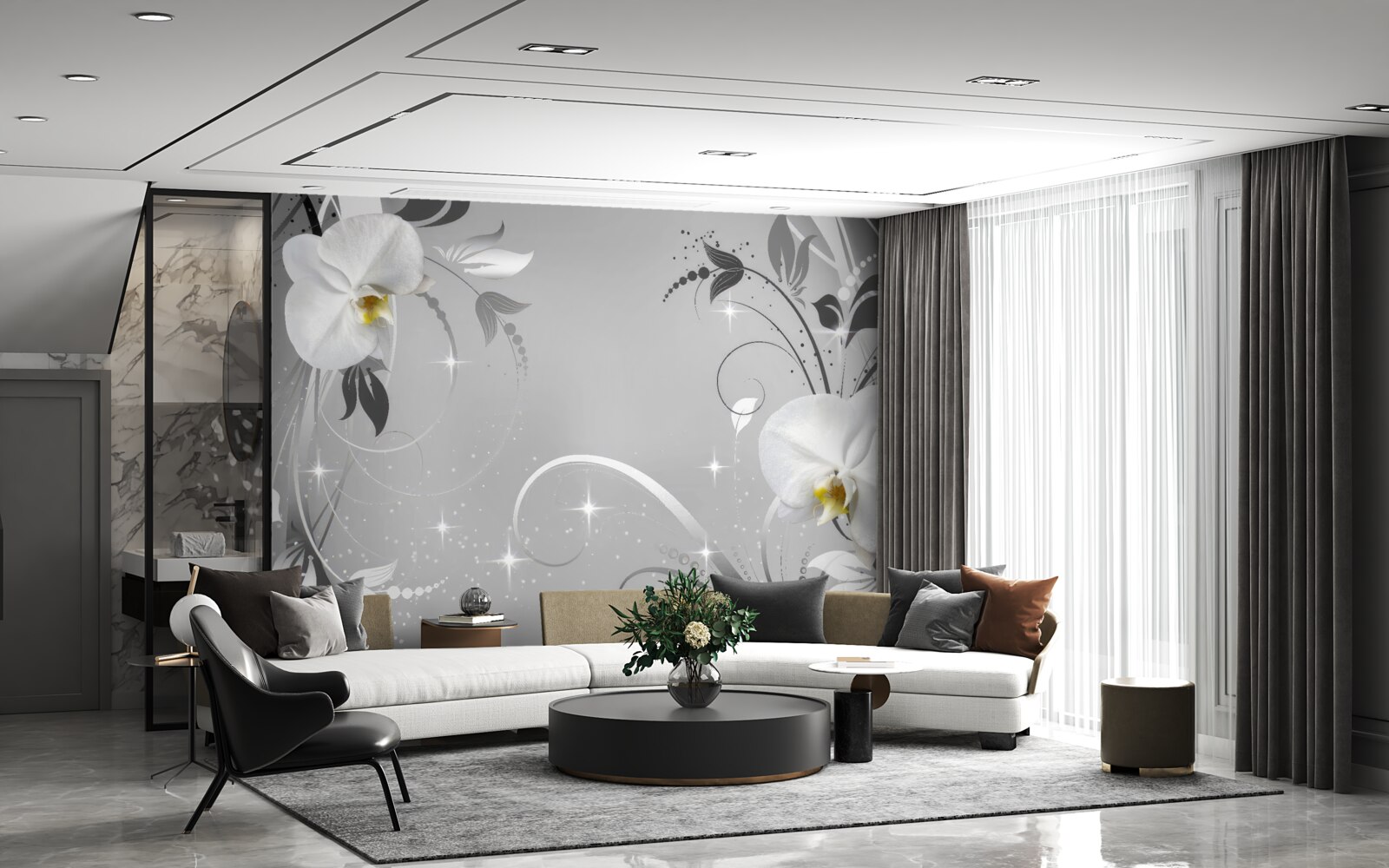 Fotobehang witte orchideeën en grijze bladeren