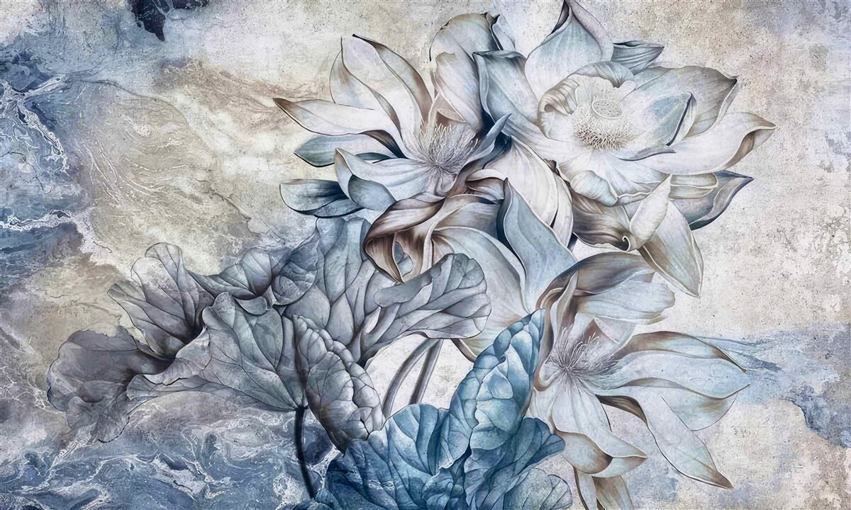 Fotobehang bloemen die de illusie van blauwe ogen uitbeelden