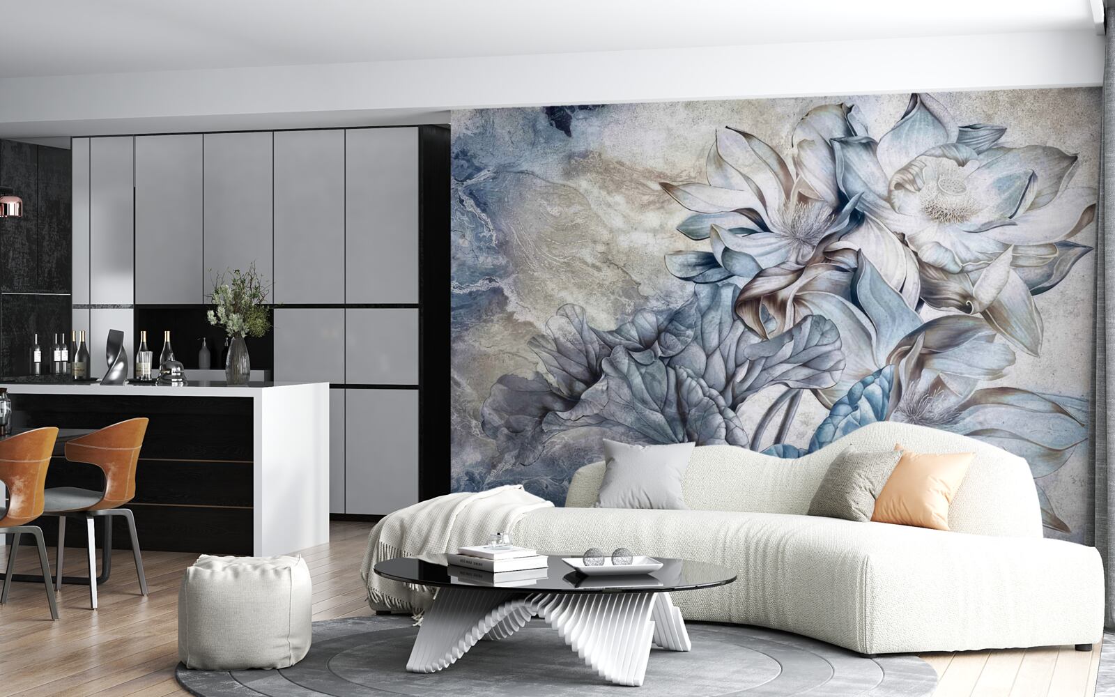 Fotobehang bloemen die de illusie van blauwe ogen uitbeelden