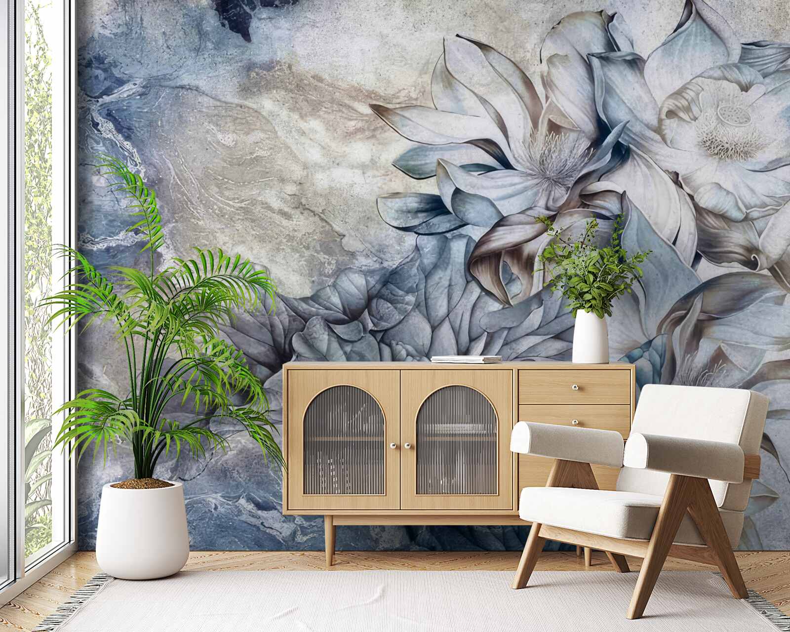 Fotobehang bloemen die de illusie van blauwe ogen uitbeelden