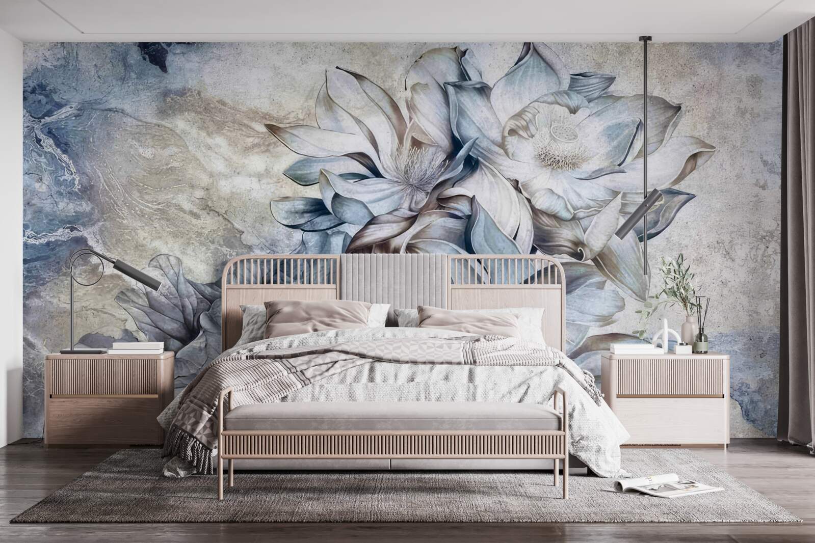 Fotobehang bloemen die de illusie van blauwe ogen uitbeelden