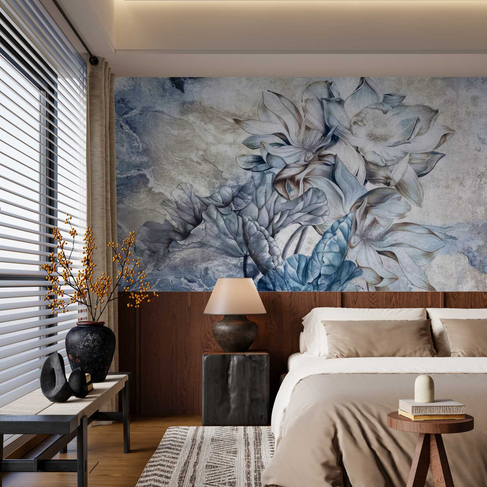 Fotobehang bloemen die de illusie van blauwe ogen uitbeelden