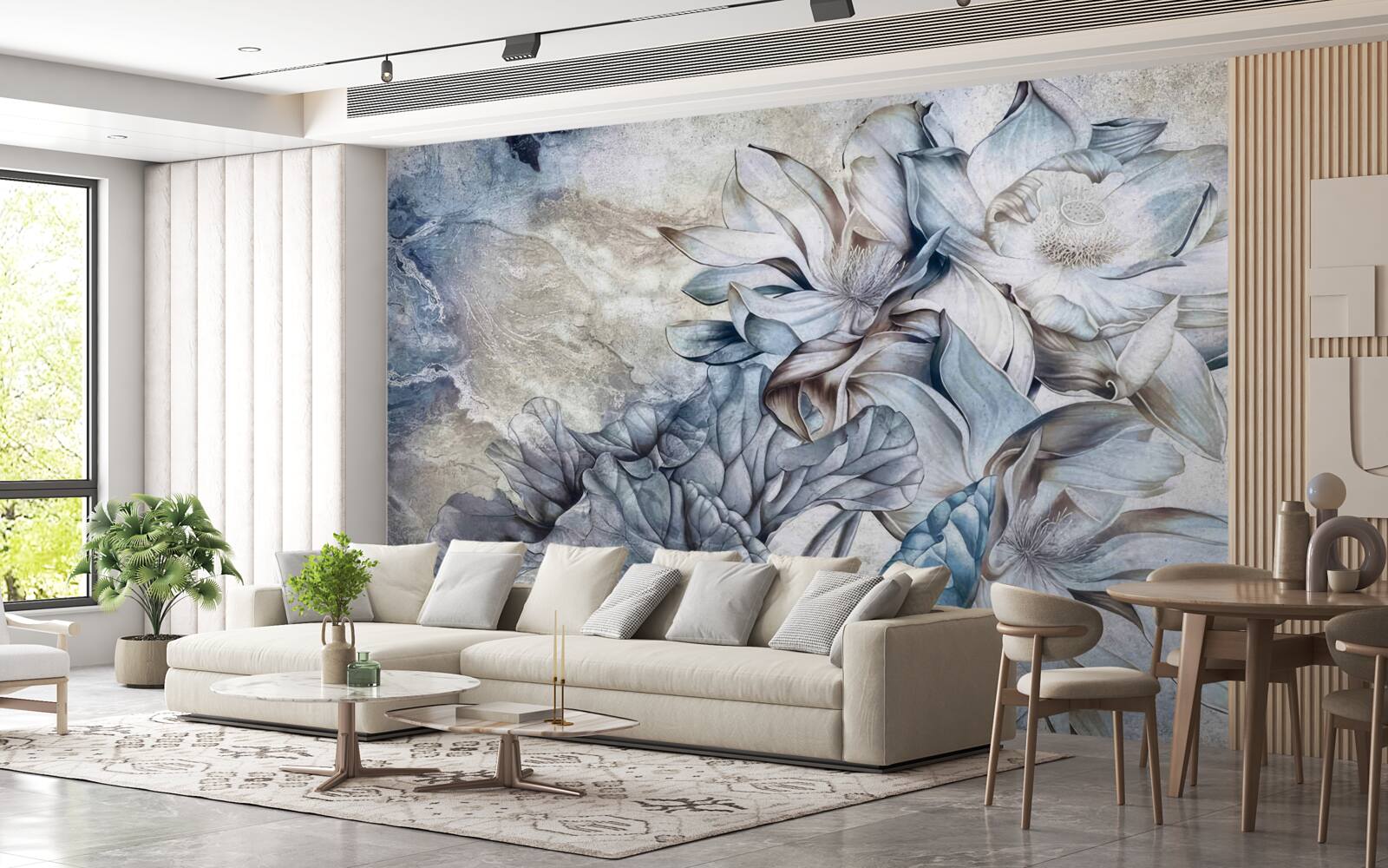 Fotobehang bloemen die de illusie van blauwe ogen uitbeelden