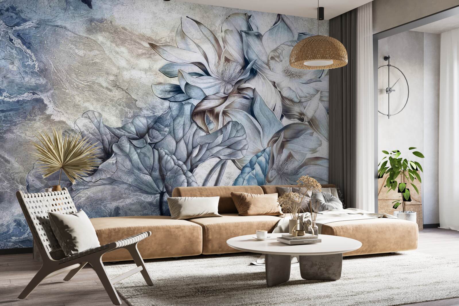 Fotobehang bloemen die de illusie van blauwe ogen uitbeelden