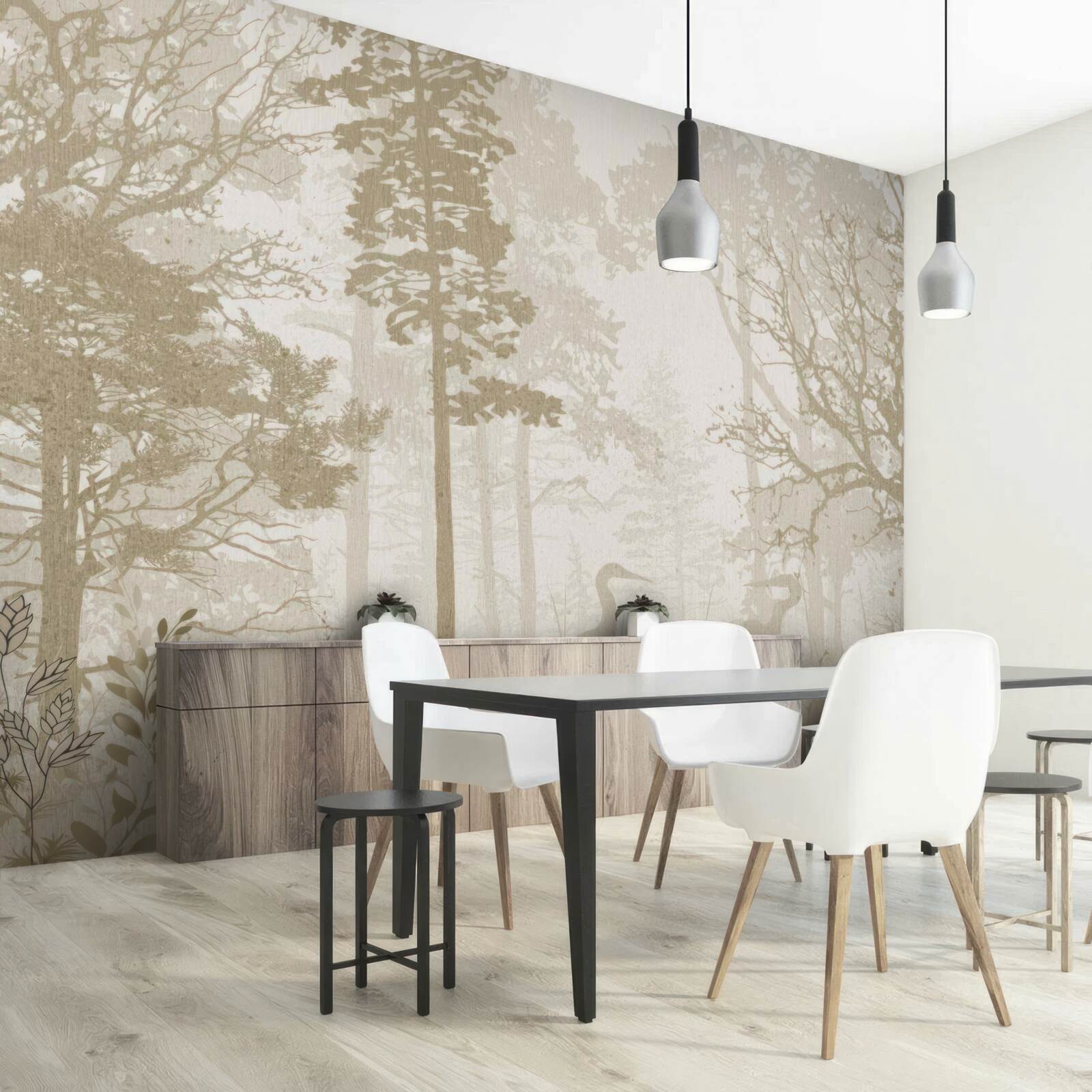 Fotobehang vogels glijden tussen ranke bomen