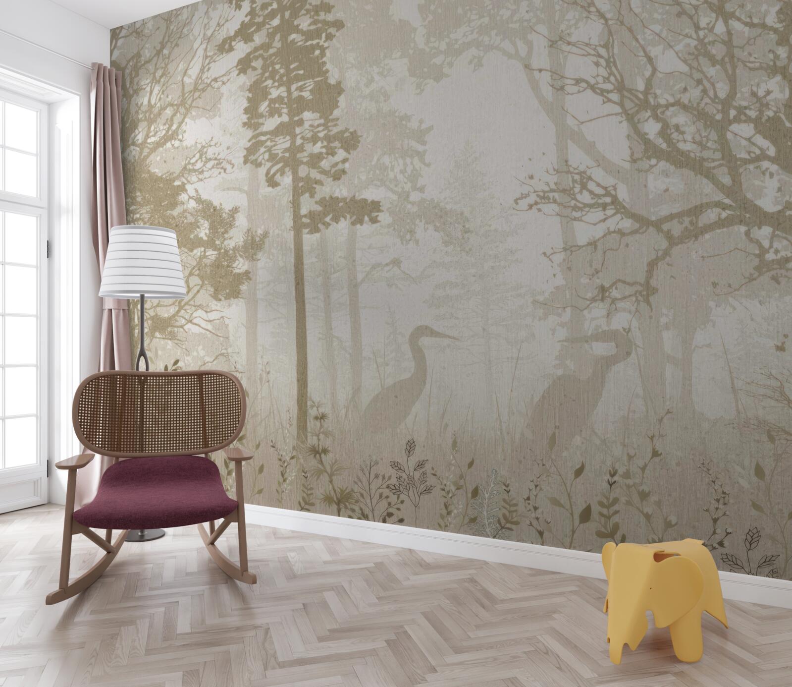 Fotobehang vogels glijden tussen ranke bomen