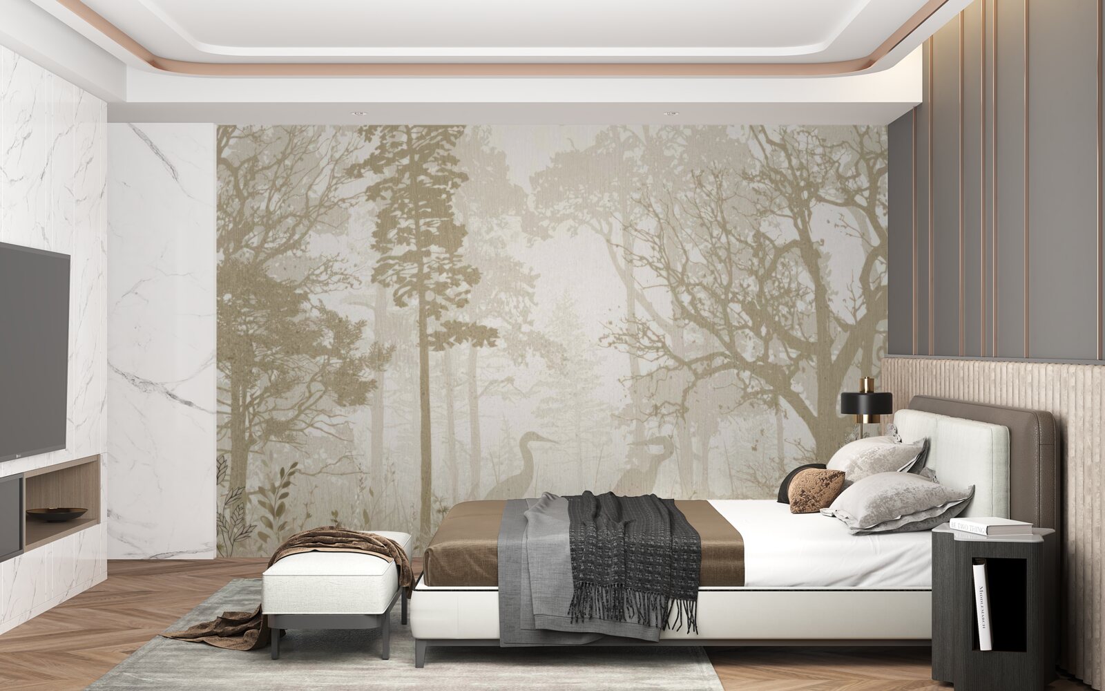 Fotobehang vogels glijden tussen ranke bomen