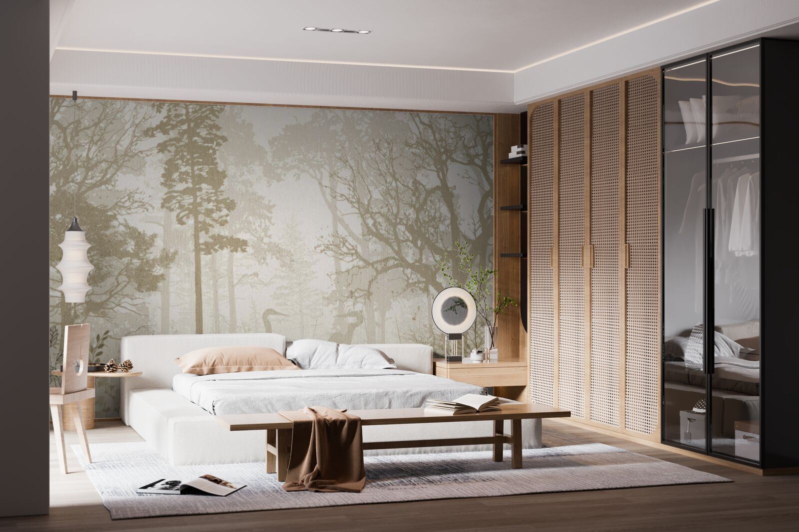 Fotobehang vogels glijden tussen ranke bomen