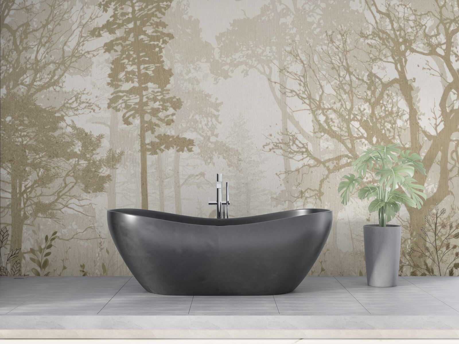 Fotobehang vogels glijden tussen ranke bomen