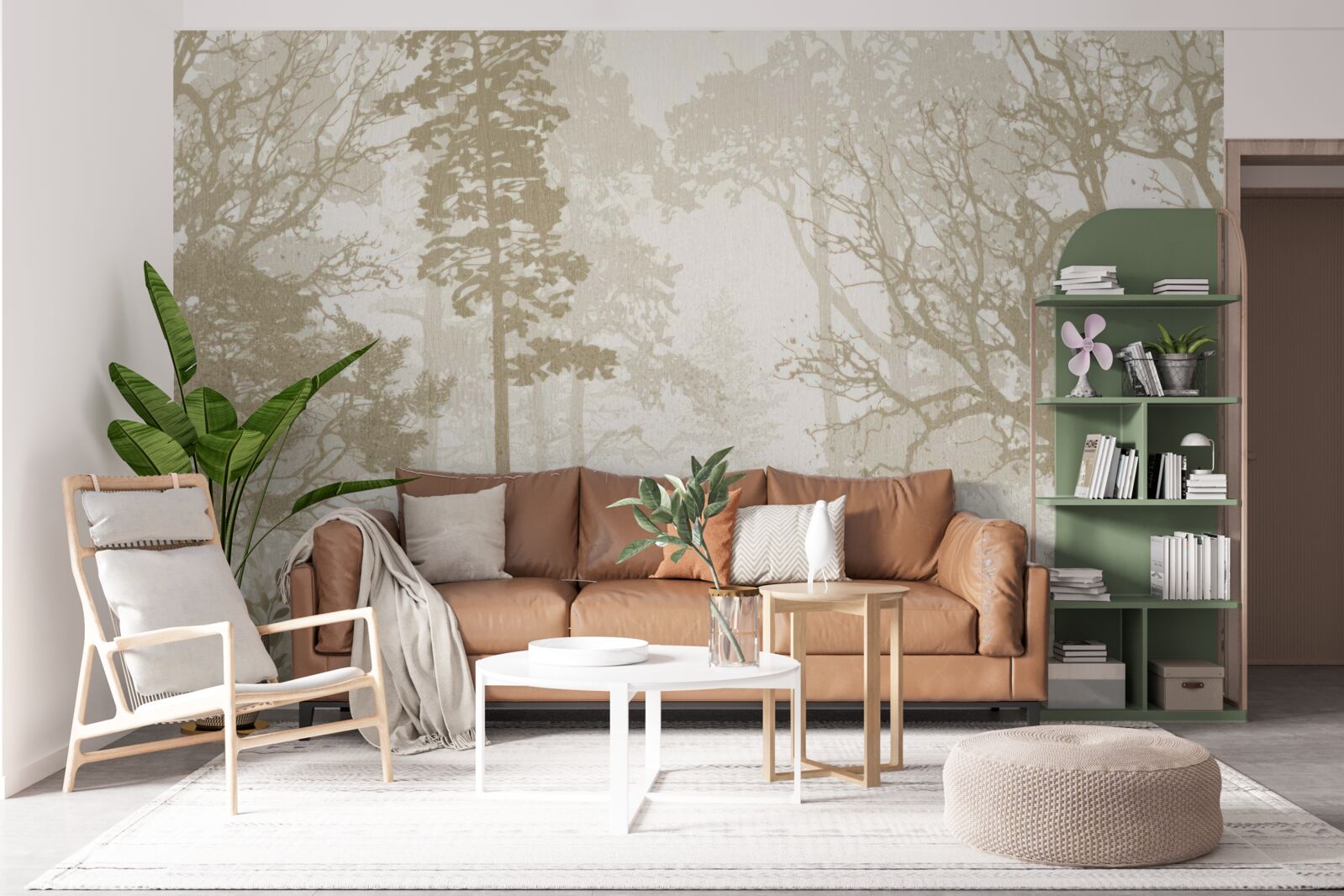 Fotobehang vogels glijden tussen ranke bomen