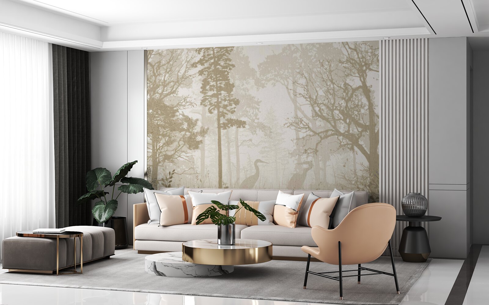 Fotobehang vogels glijden tussen ranke bomen