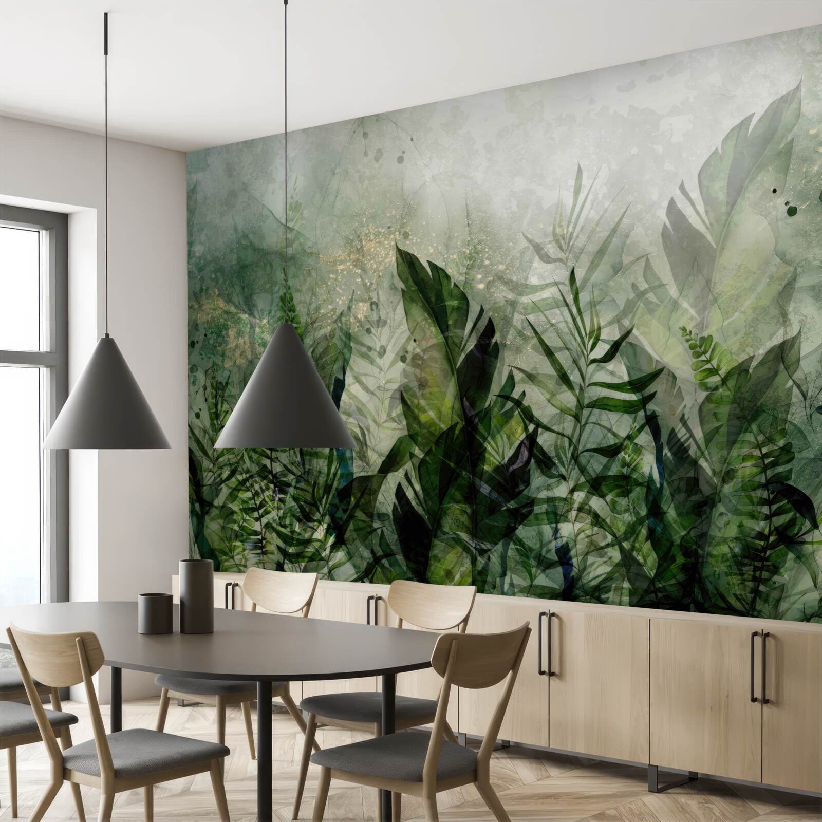 Fotobehang groene bladeren in een abstracte stijl