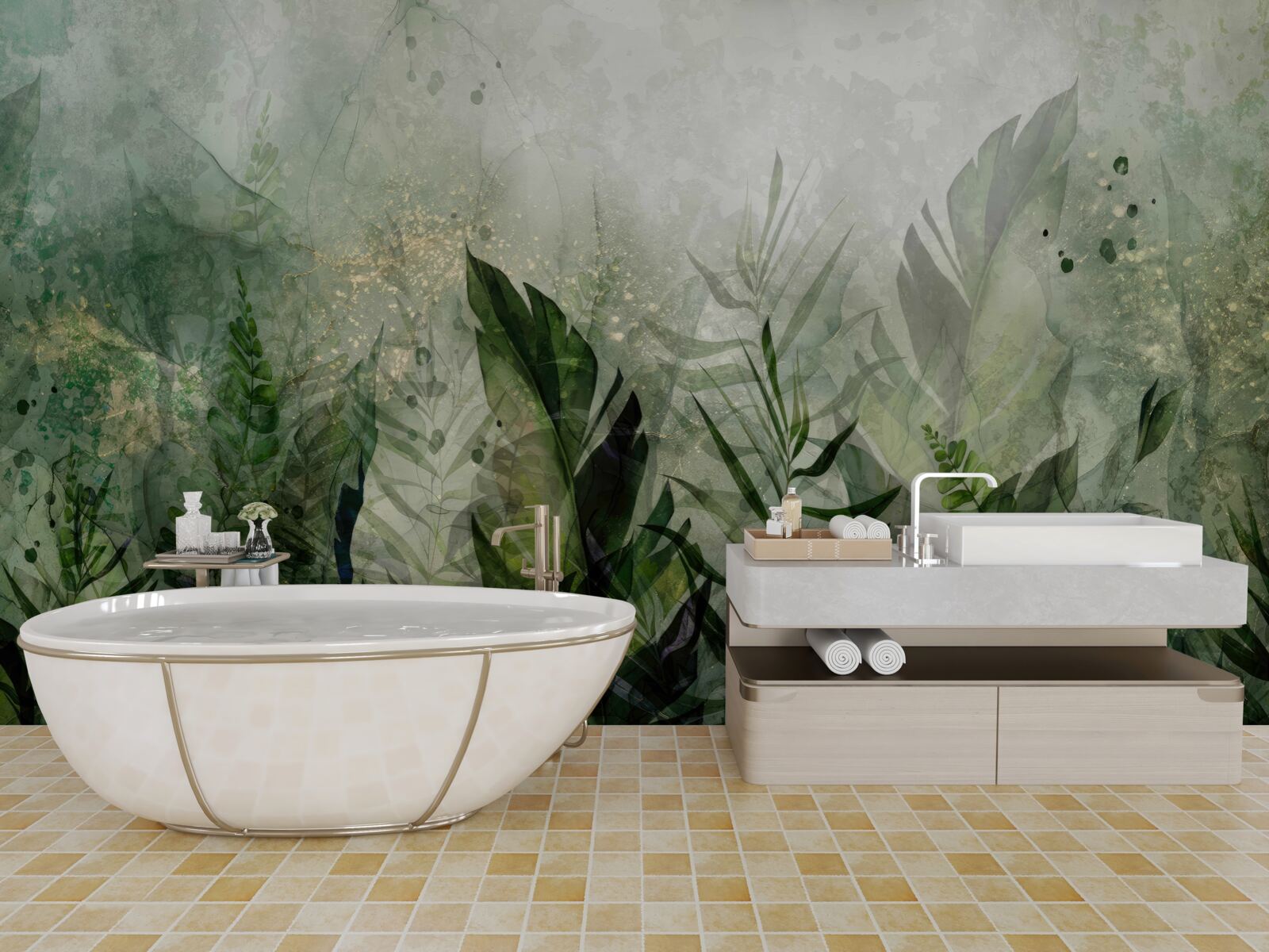 Fotobehang groene bladeren in een abstracte stijl