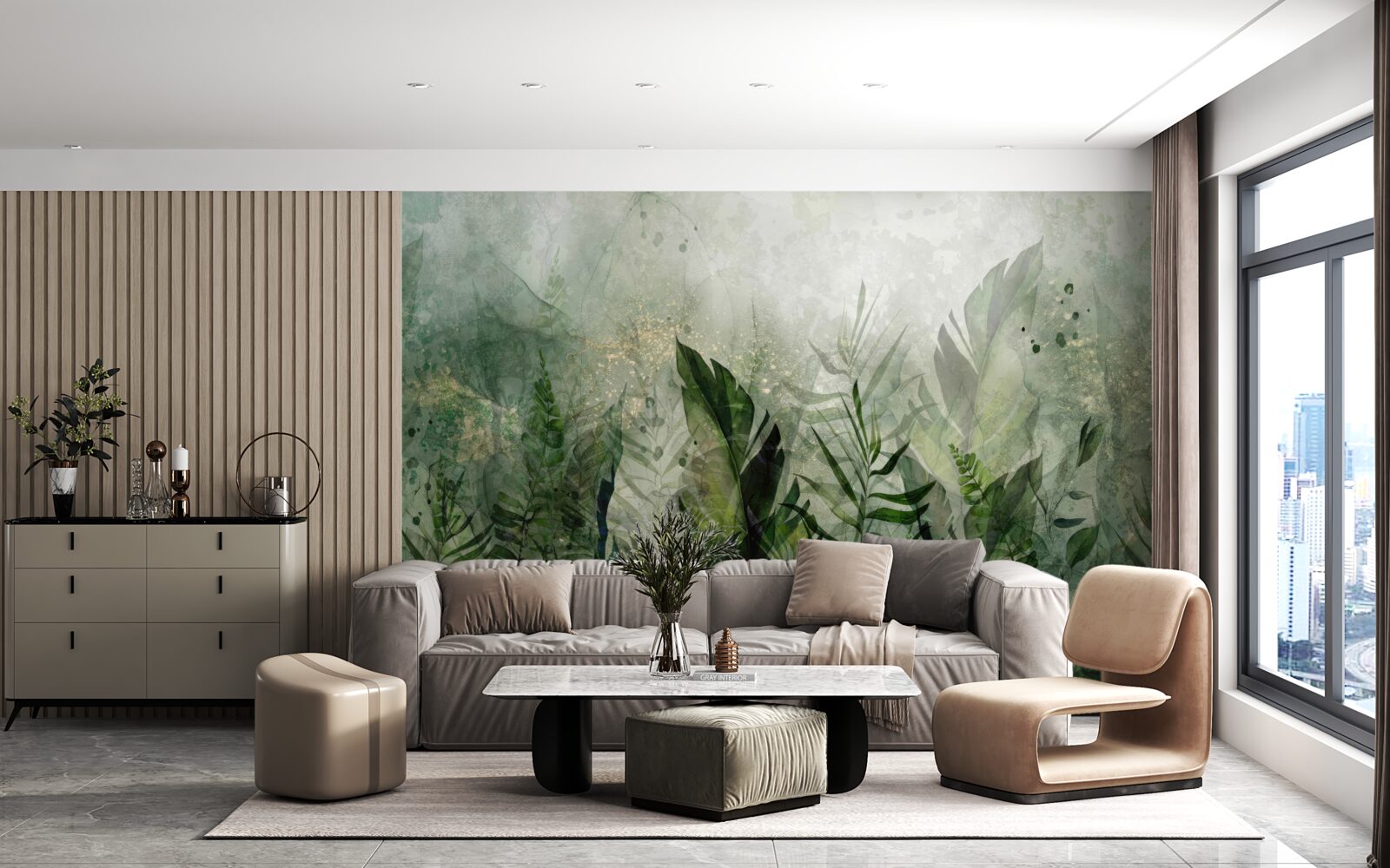 Fotobehang groene bladeren in een abstracte stijl