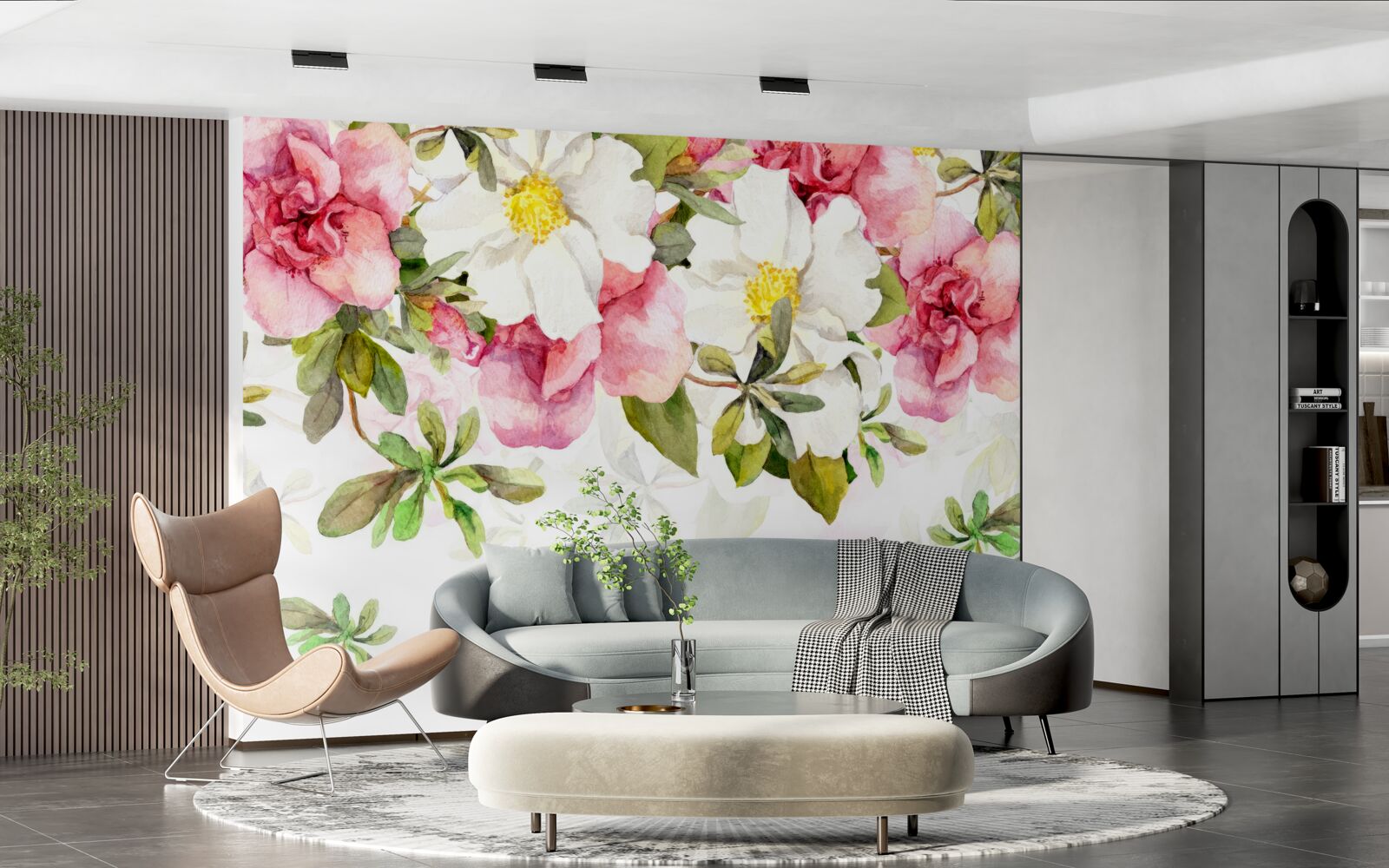 Fotobehang witte margrieten en roze rozen