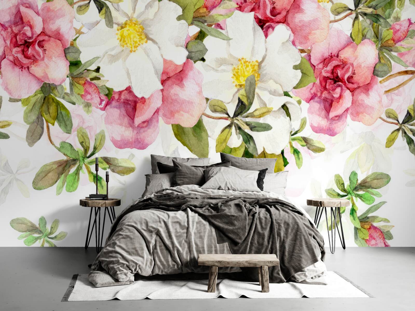 Fotobehang witte margrieten en roze rozen