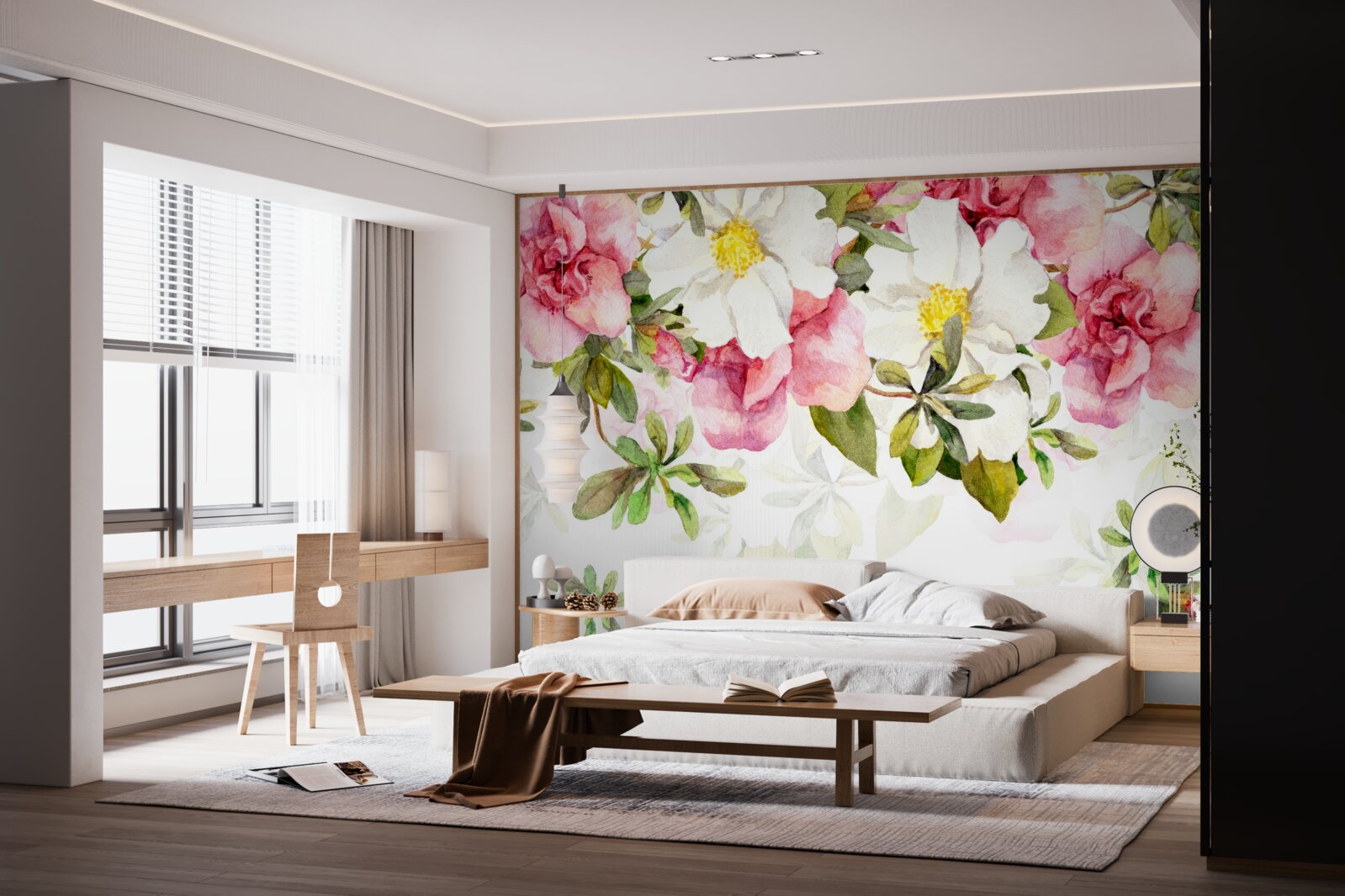 Fotobehang witte margrieten en roze rozen