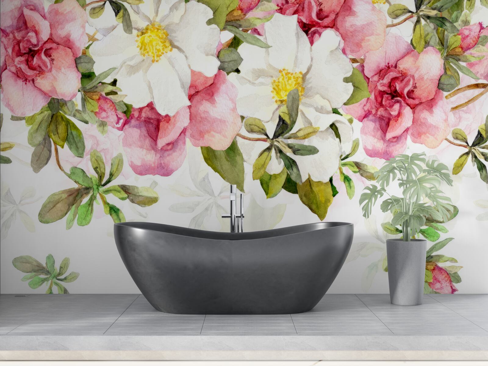 Fotobehang witte margrieten en roze rozen